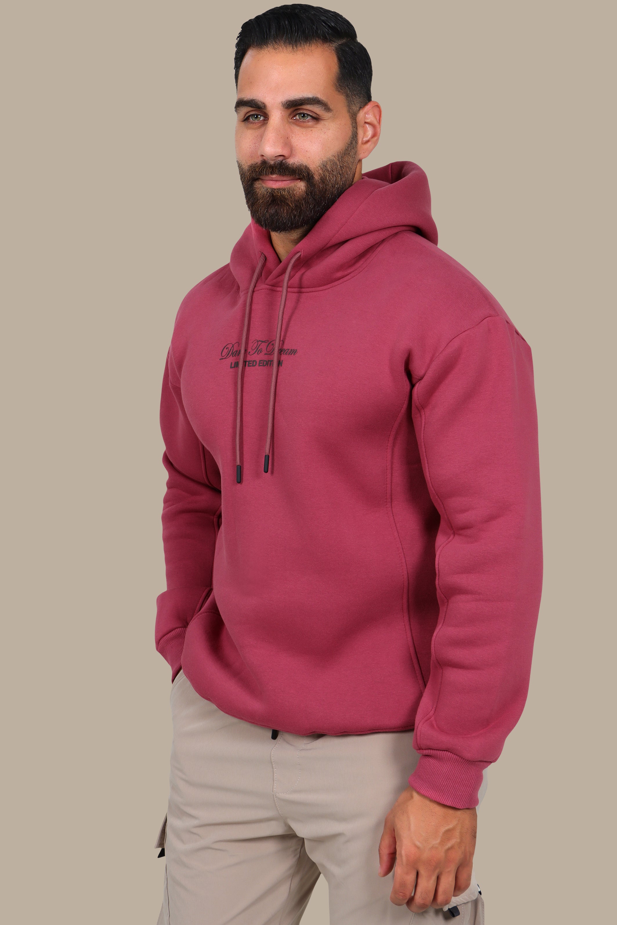 Dreamscape: Oversized Dark Pink Printed Hoodie