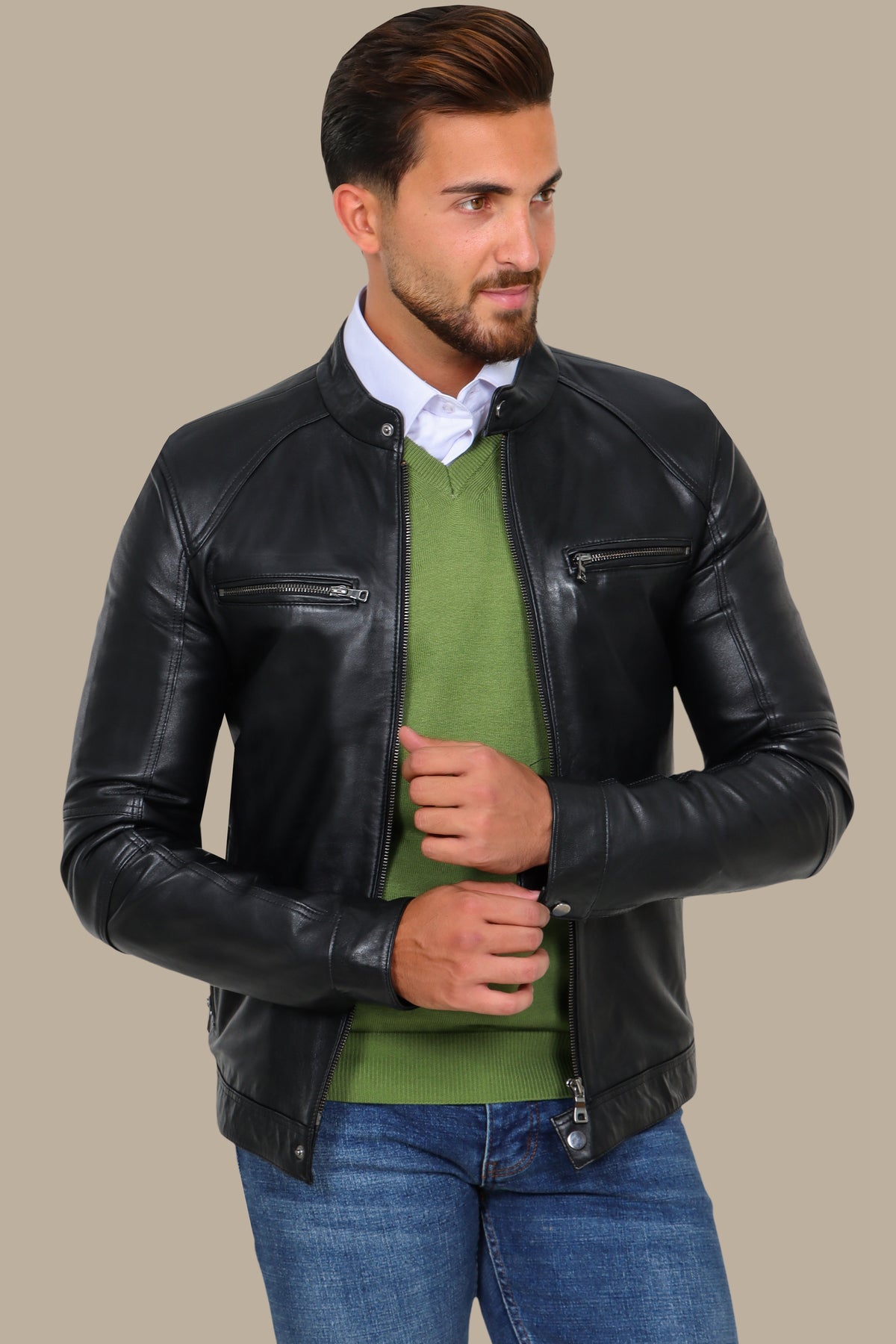 Black Leather Mao-Collar Jacket with Four Zippers