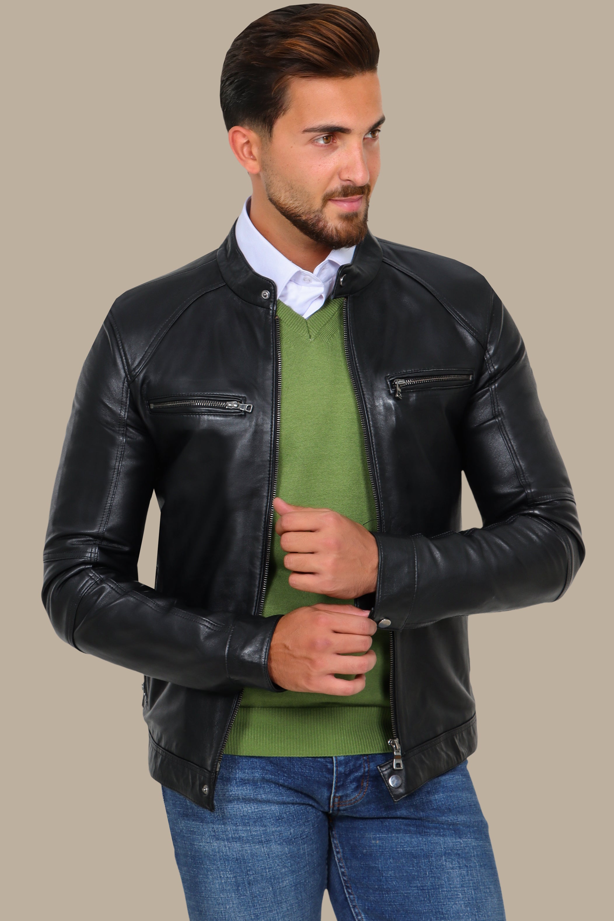 Black Leather Mao-Collar Jacket with Four Zippers