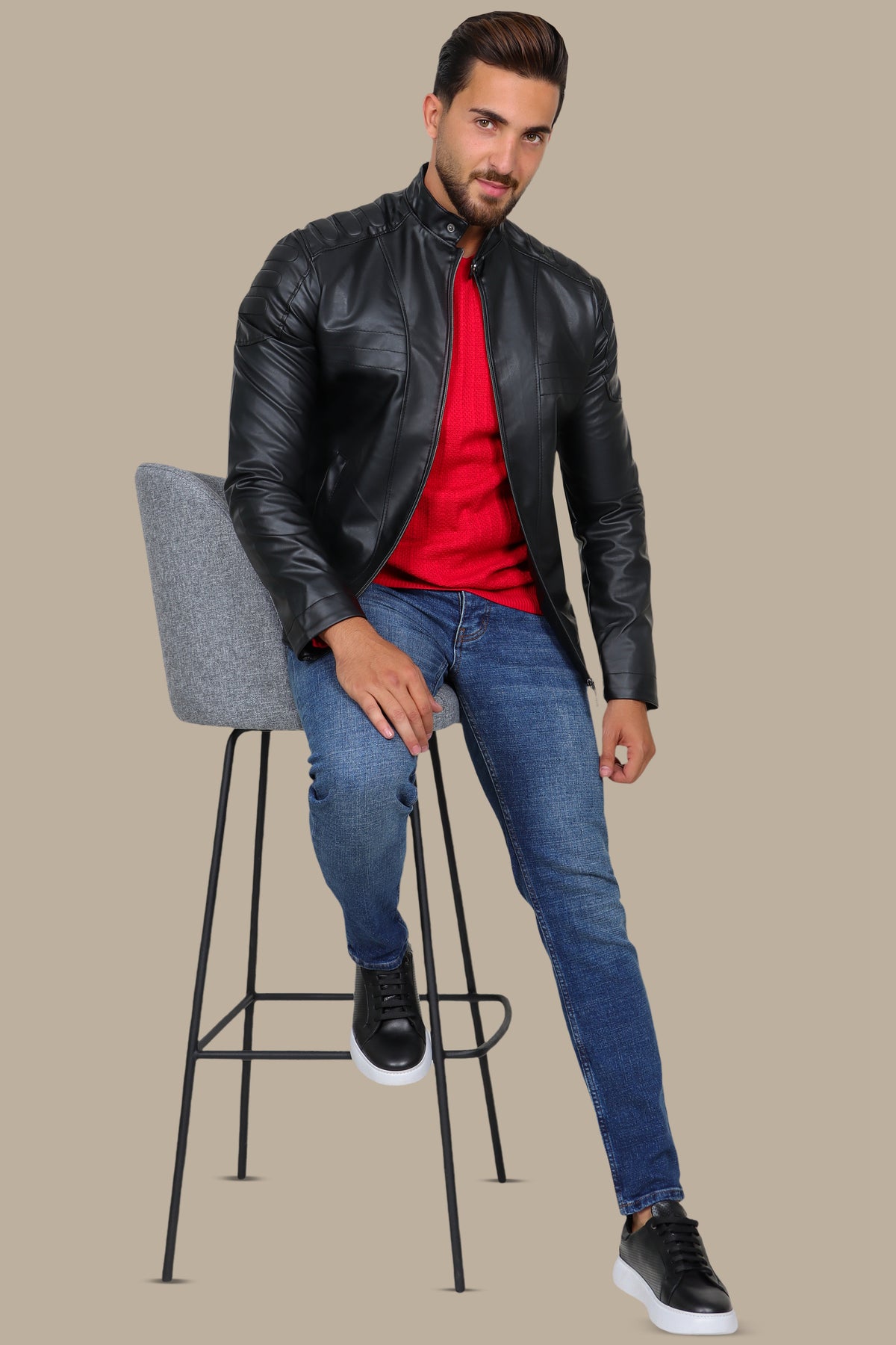 Sleek Sophistication: Black Faux Leather Biker Jacket with Mao Collar