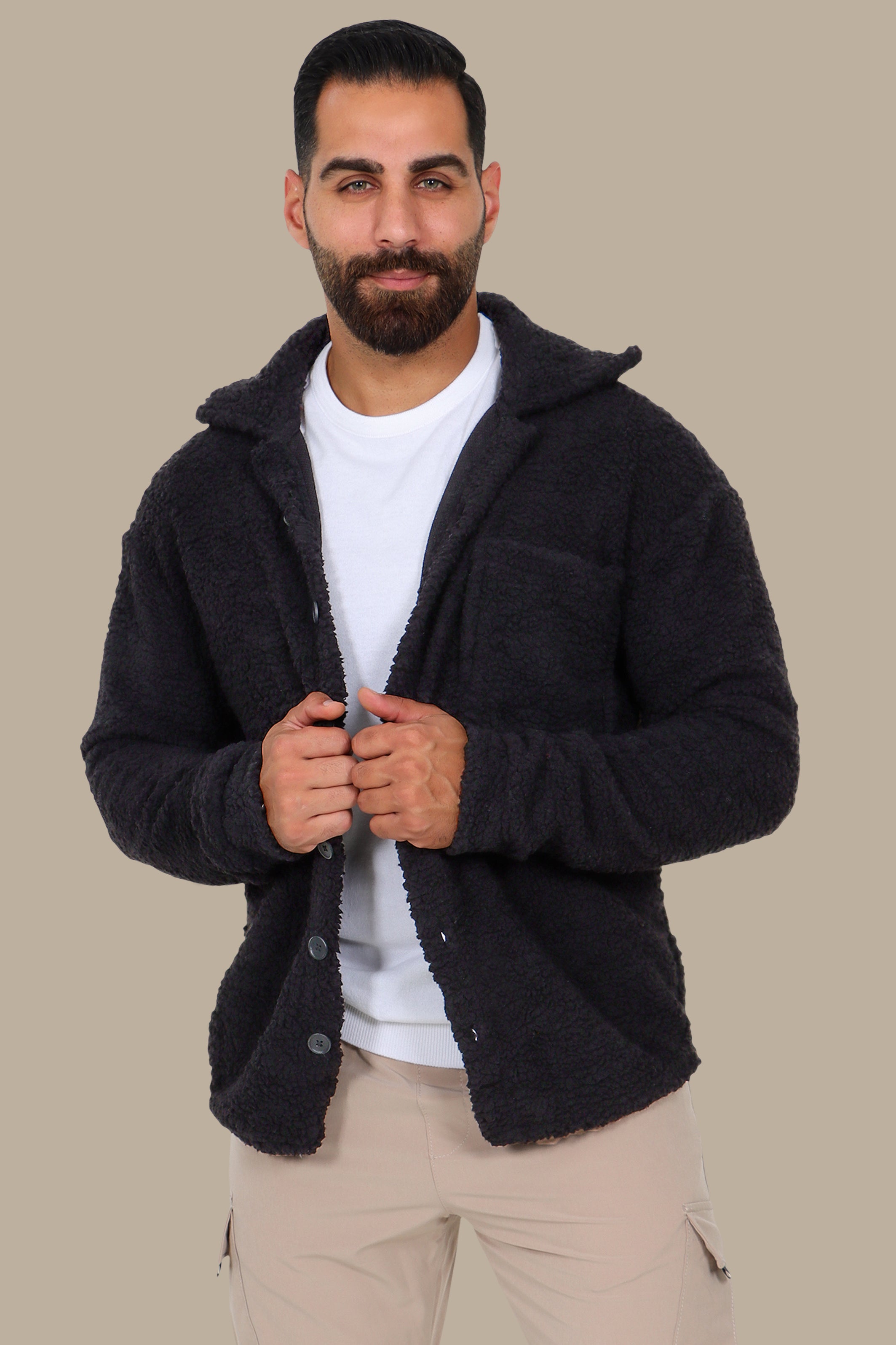 Black Teddy-Lamp Buttoned Cardigan