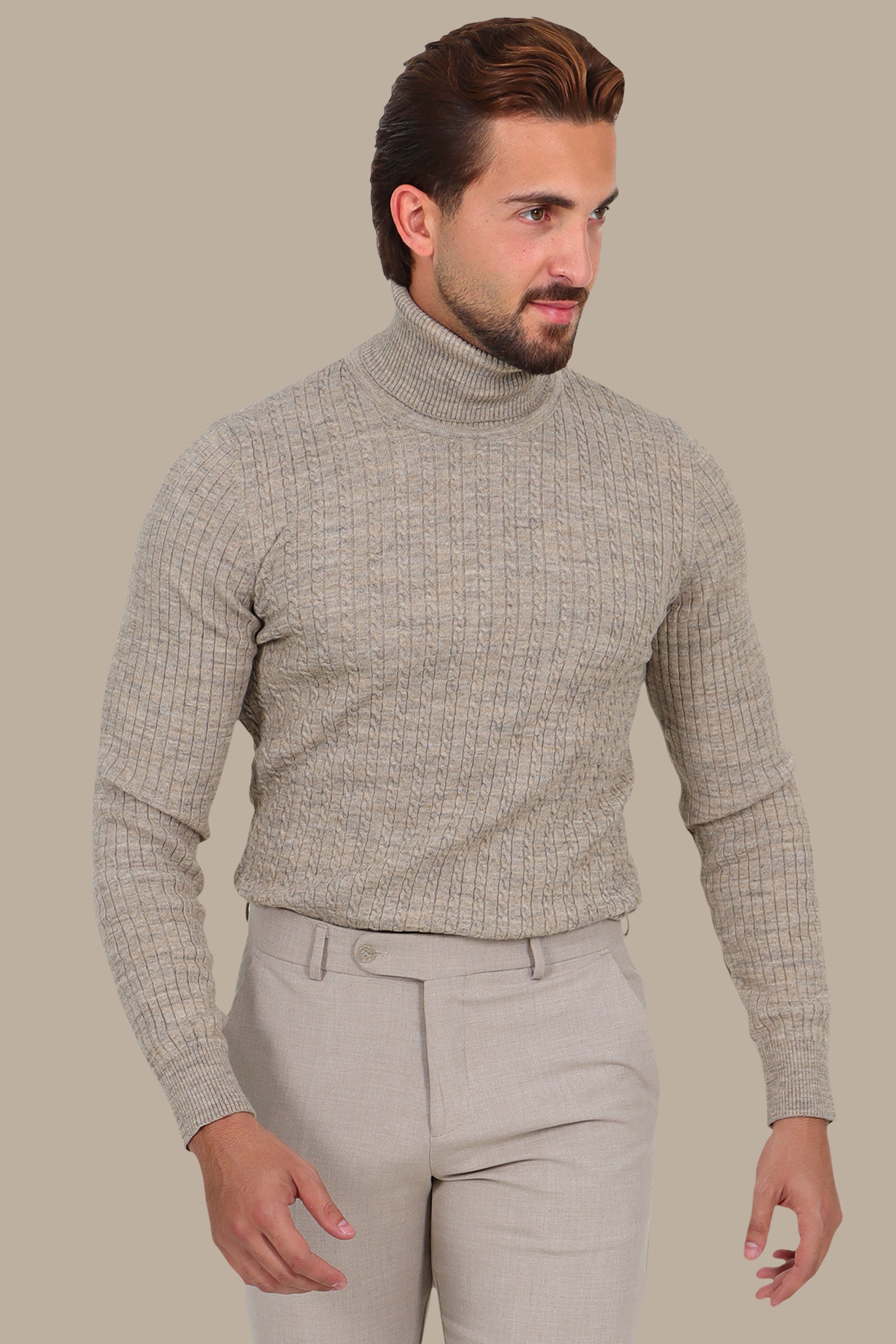 Turtleneck Sweater Braided Vertical Beige