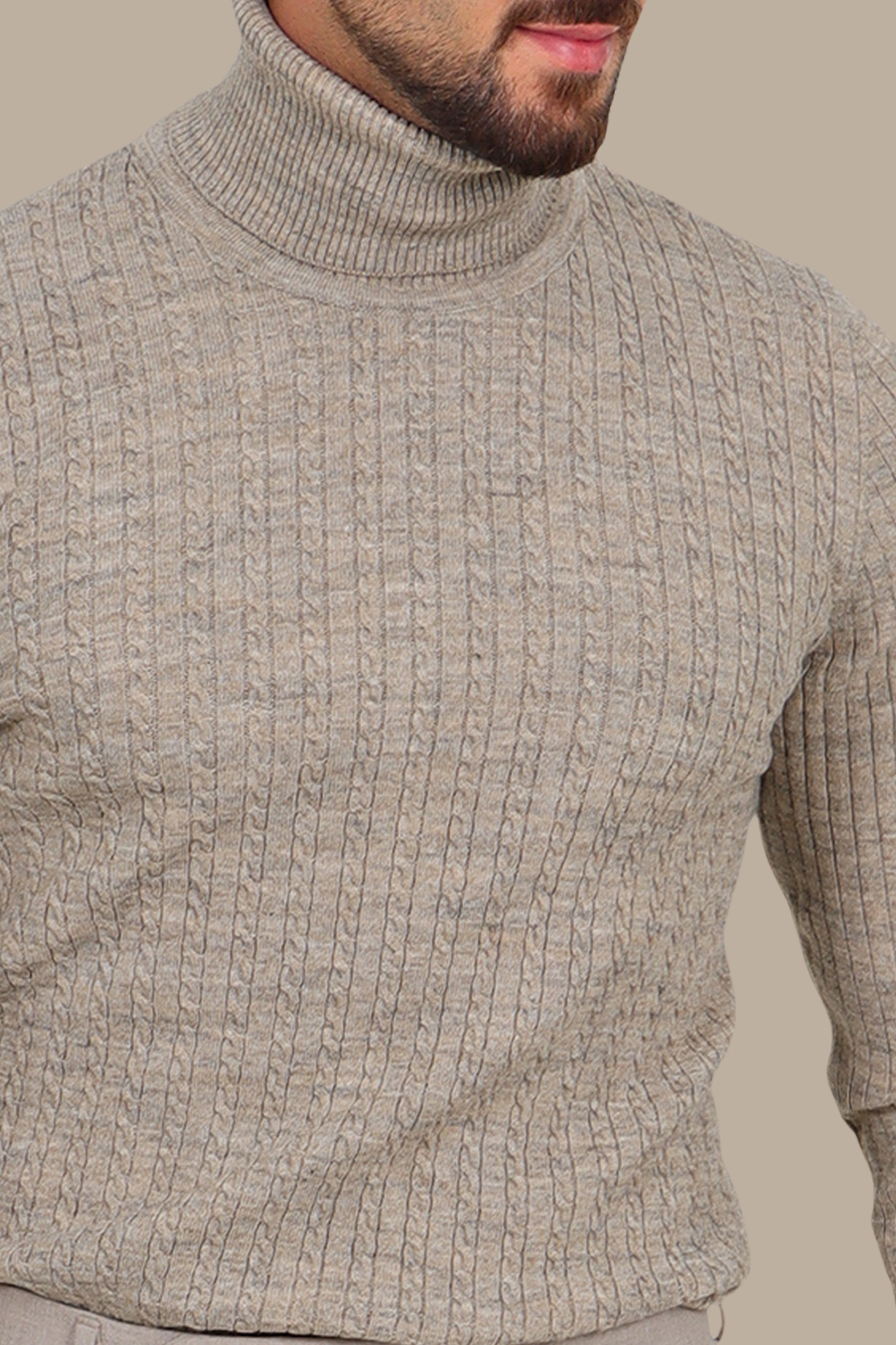 Turtleneck Sweater Braided Vertical Beige