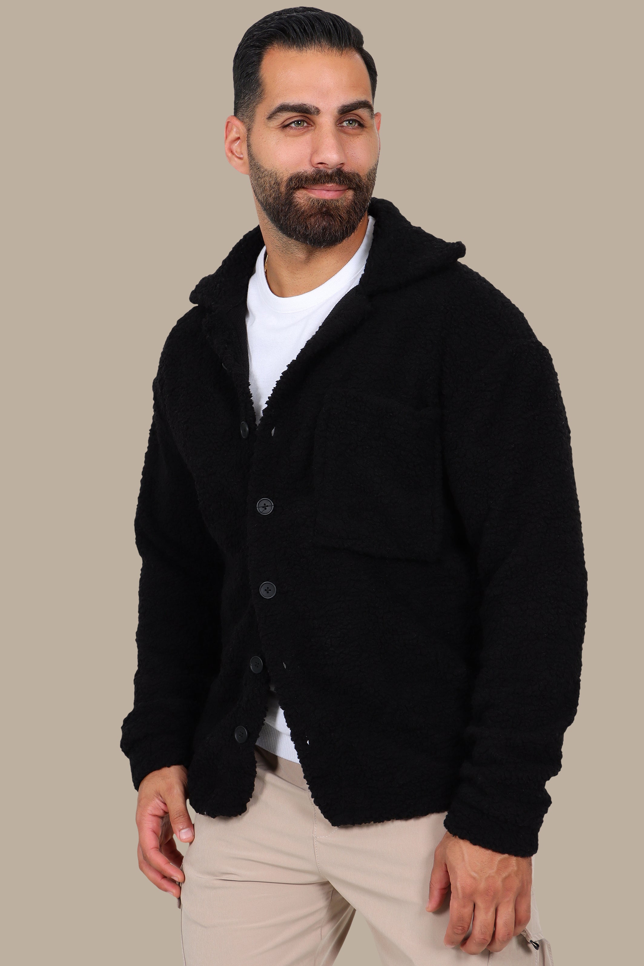 Black Teddy-Lamp Buttoned Cardigan