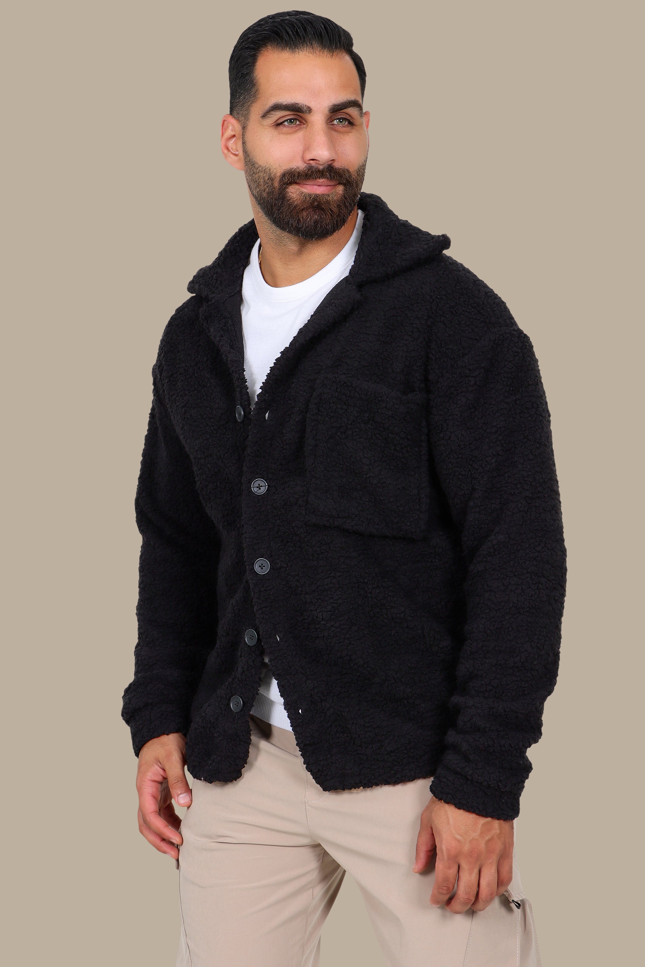 Black Teddy-Lamp Buttoned Cardigan