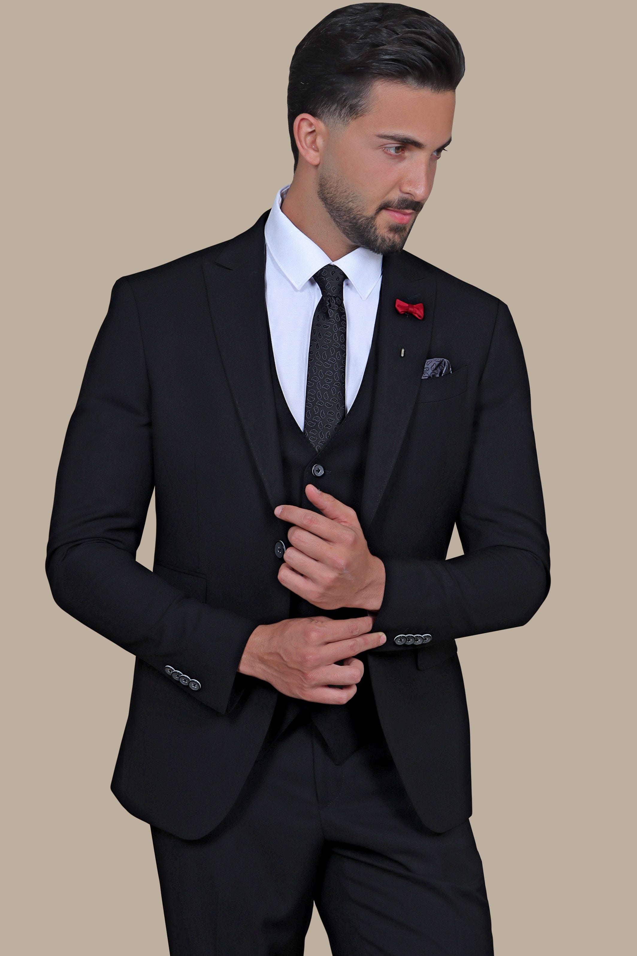 Black Slim Fit Suit with Peak Lapel and Flap Pockets