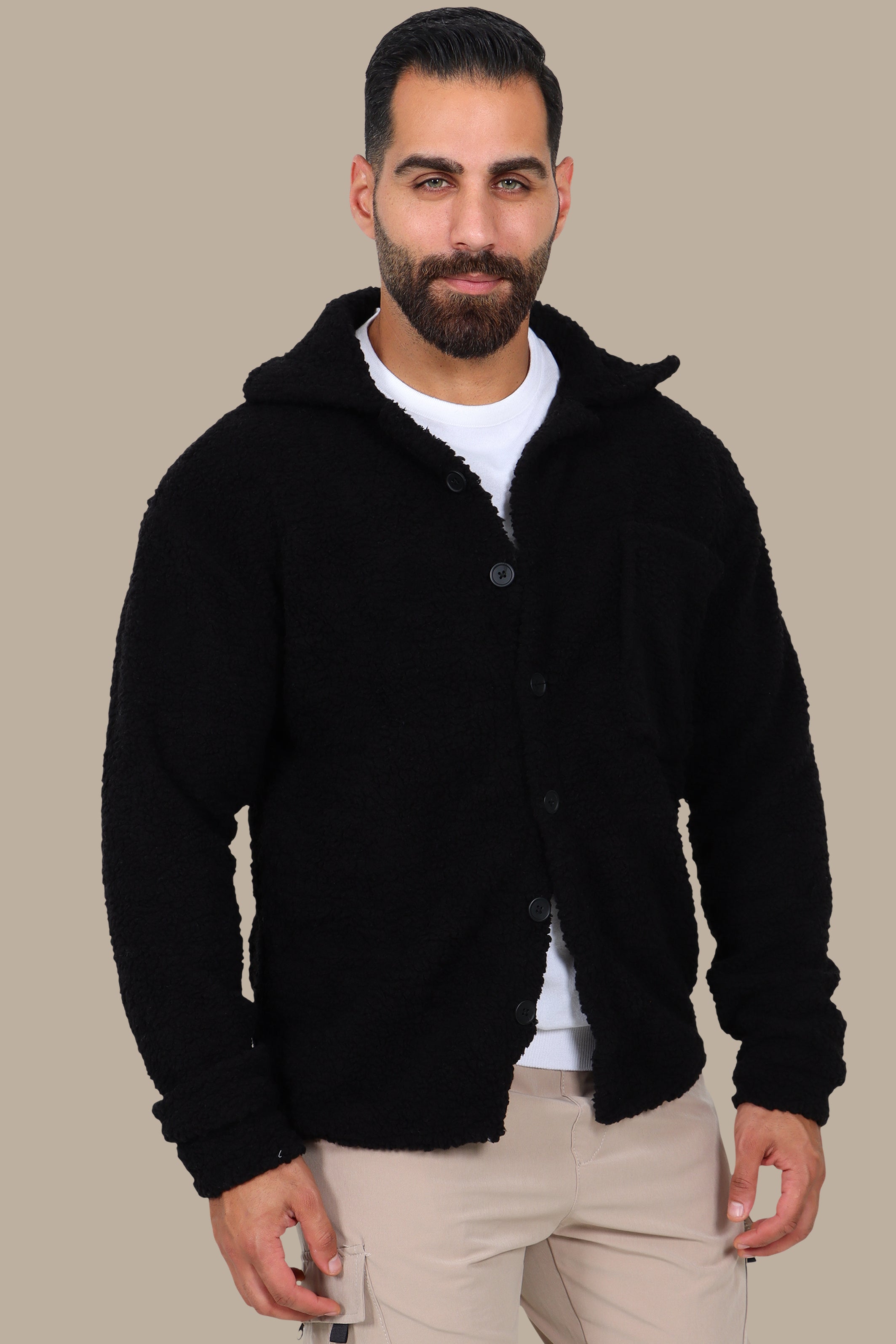 Black Teddy-Lamp Buttoned Cardigan