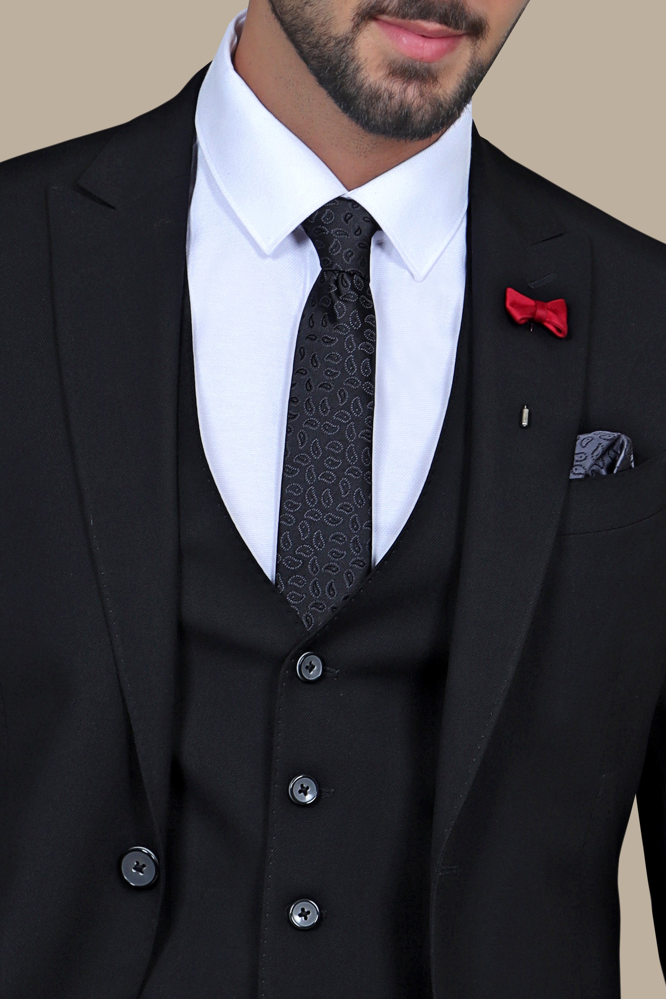 Black Slim Fit Suit with Peak Lapel and Flap Pockets