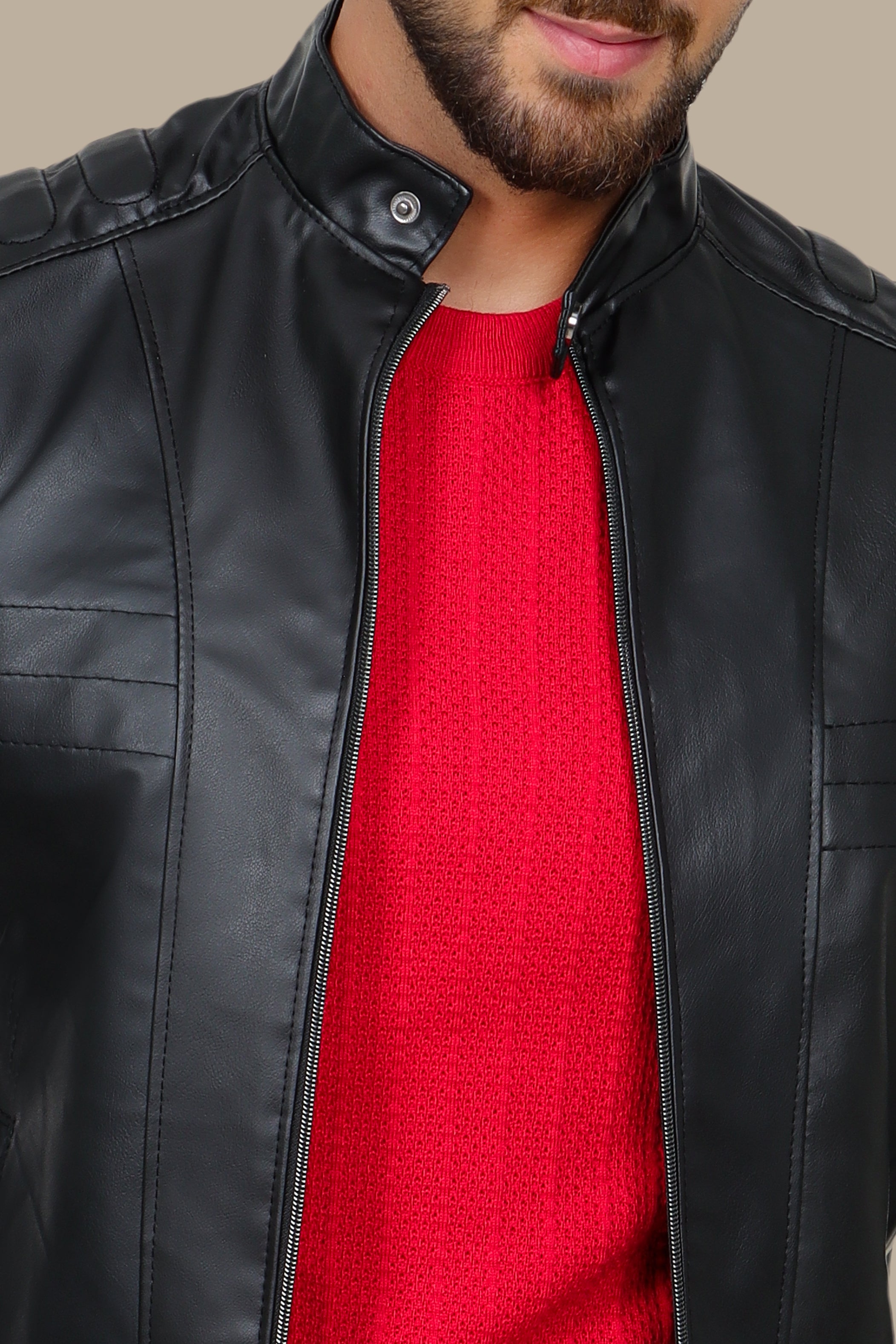 Sleek Sophistication: Black Faux Leather Biker Jacket with Mao Collar