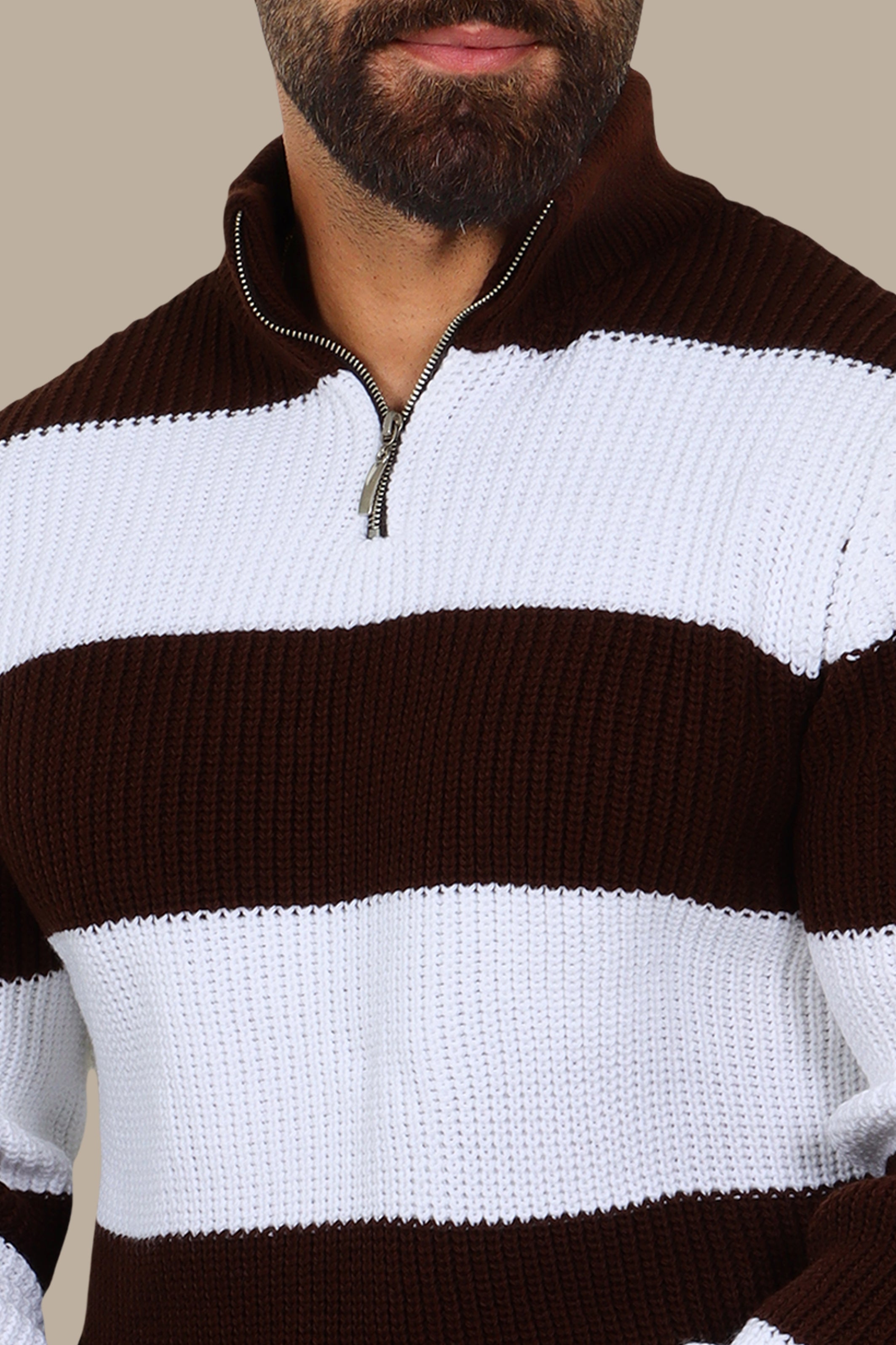 Brown Mercerized Half-Zip Sweater with Wide Stripes