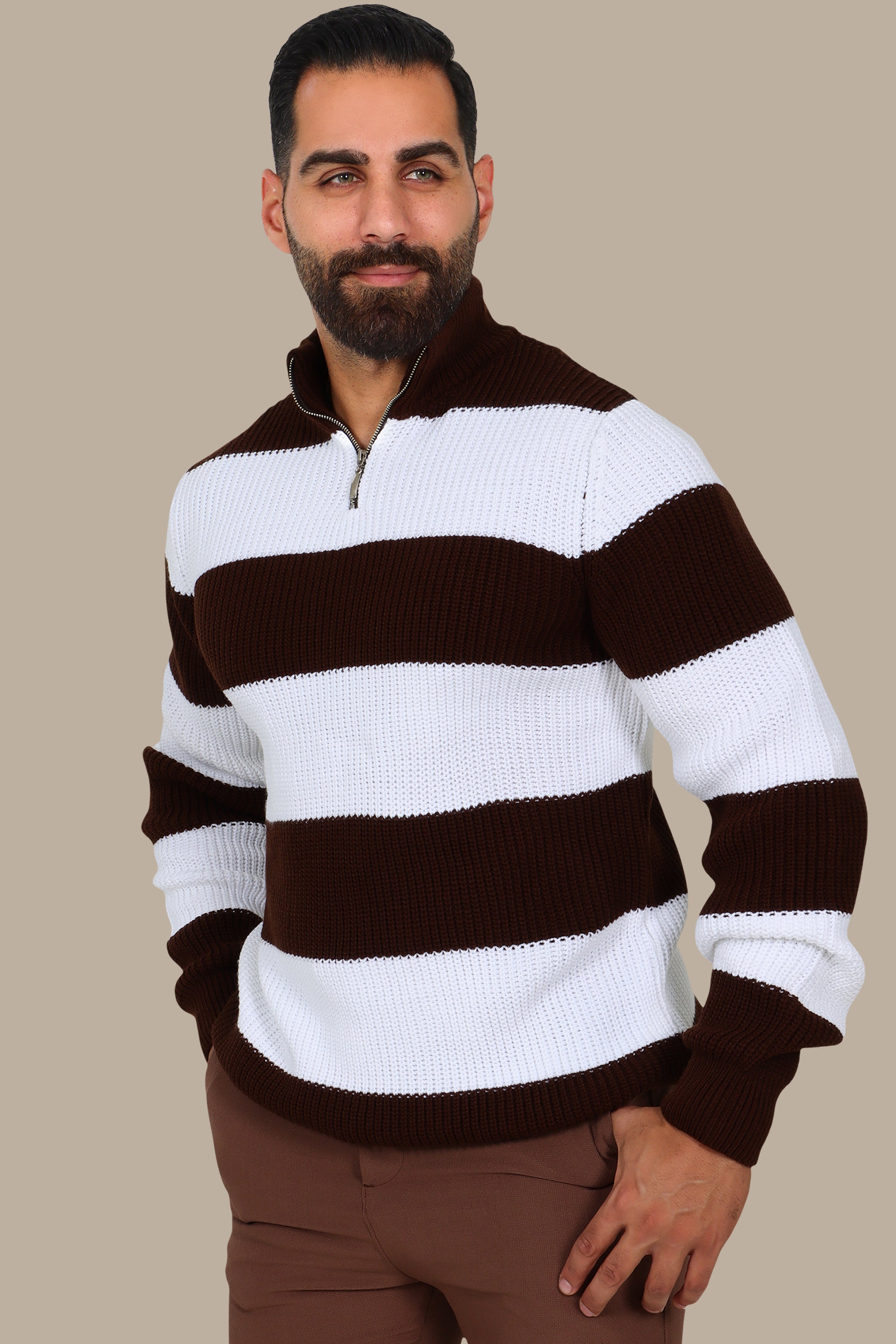 Brown Mercerized Half-Zip Sweater with Wide Stripes