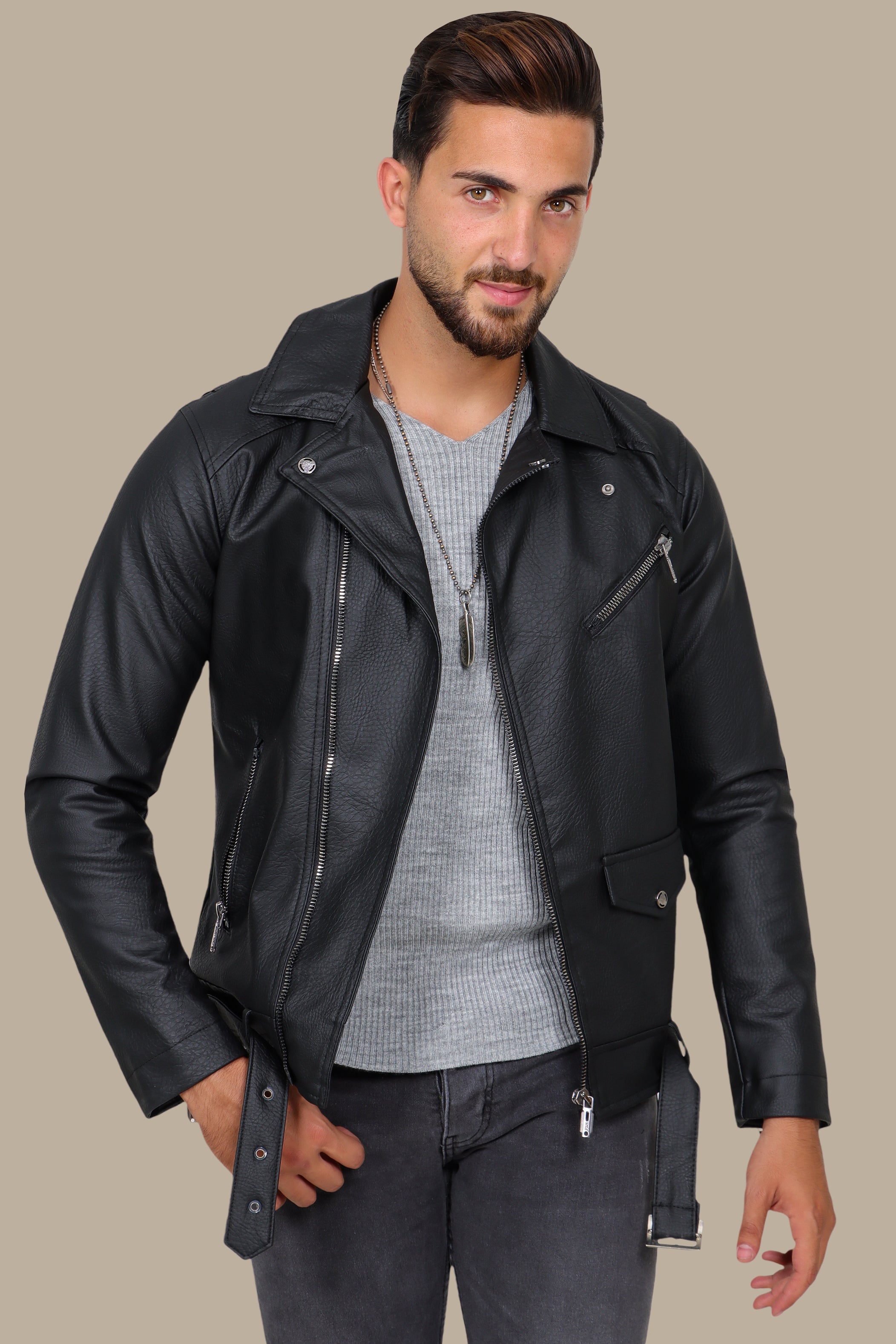 Sleek and Stylish: Faux Leather Biker Jacket with Wide Collar in Structured Black