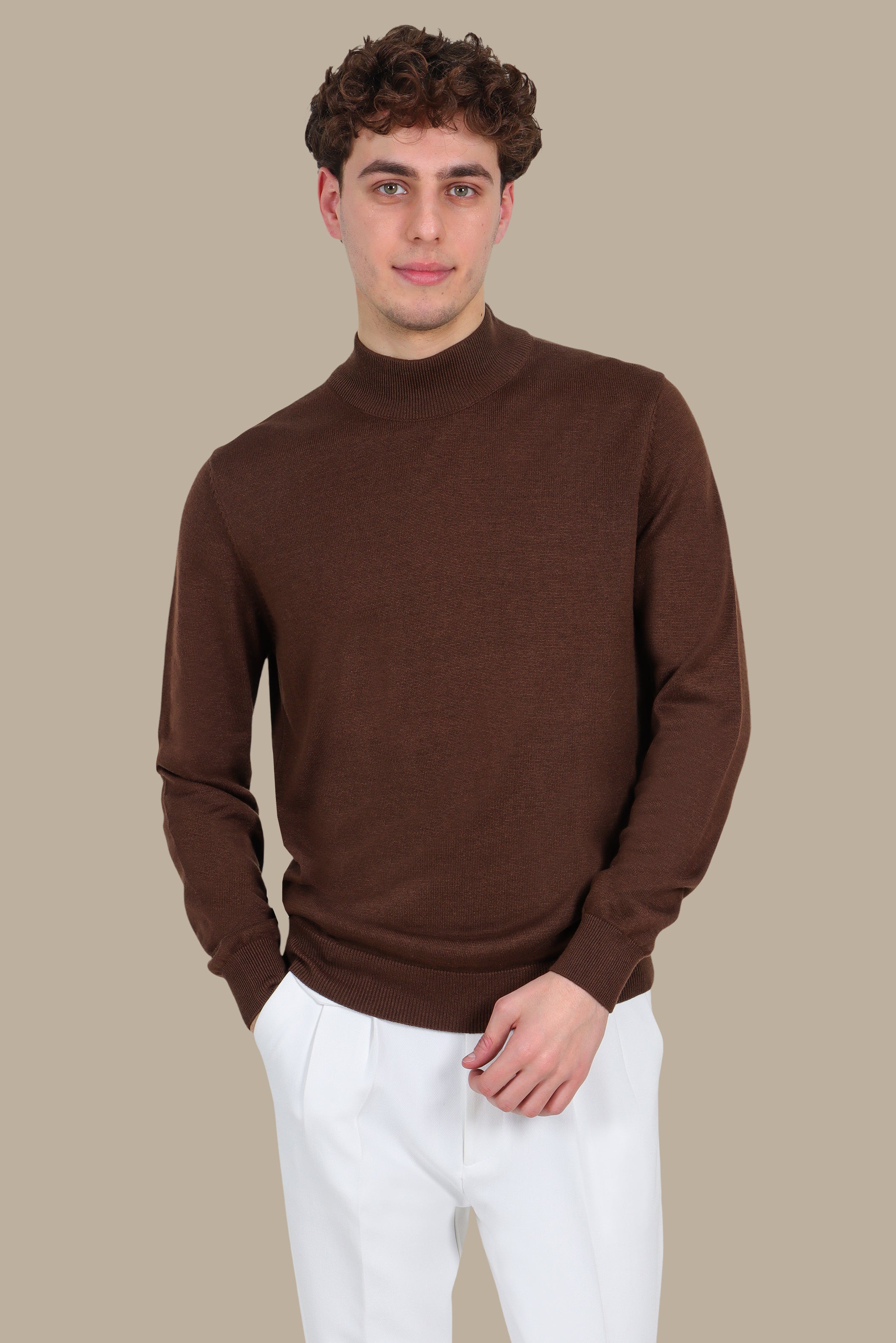 Brown High Neck Basic Sweater