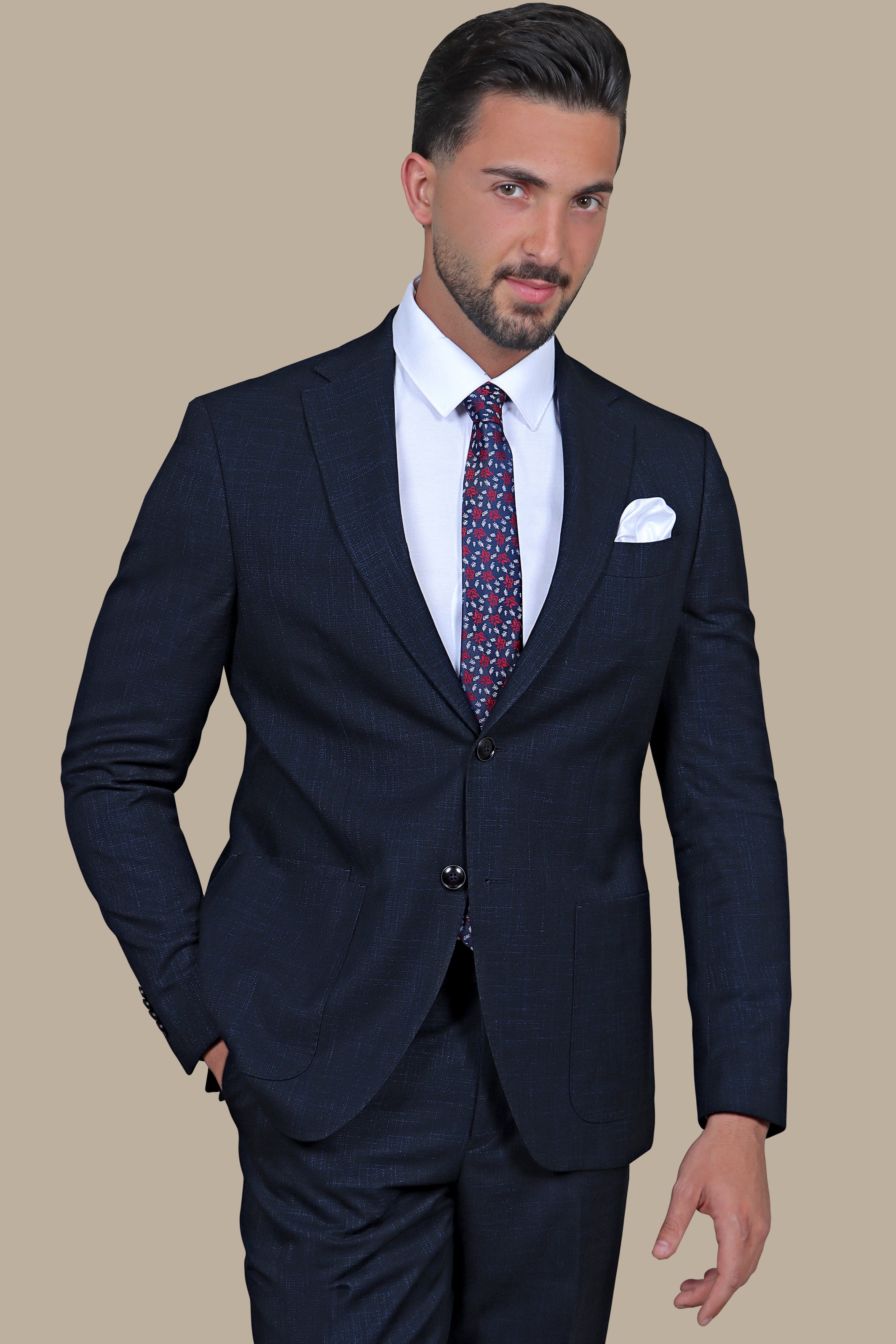 Dark Navy Slim Fit Suit with Down Notch Patch Pockets