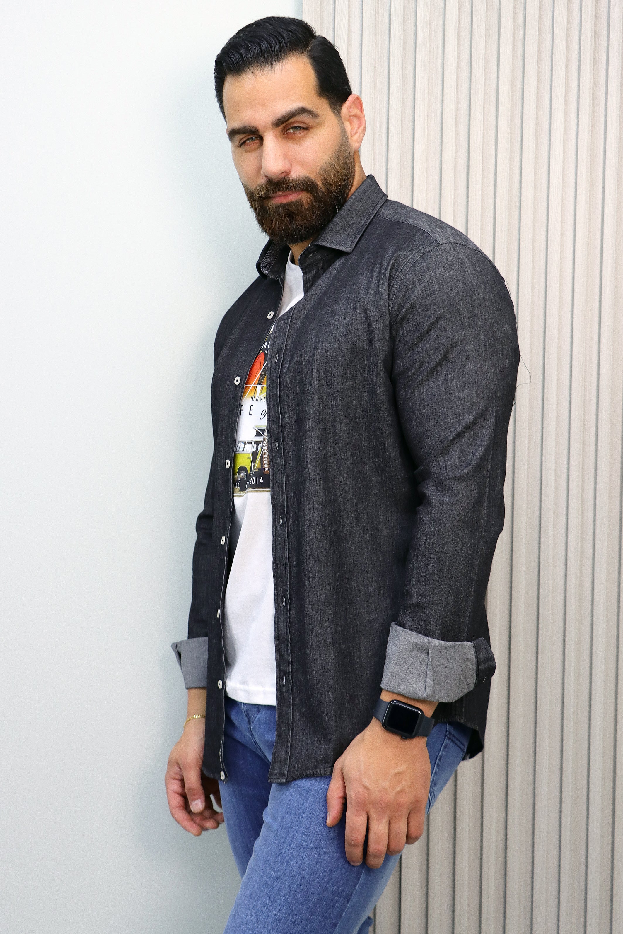 Blue Denim Shirt with Inner Print Detail