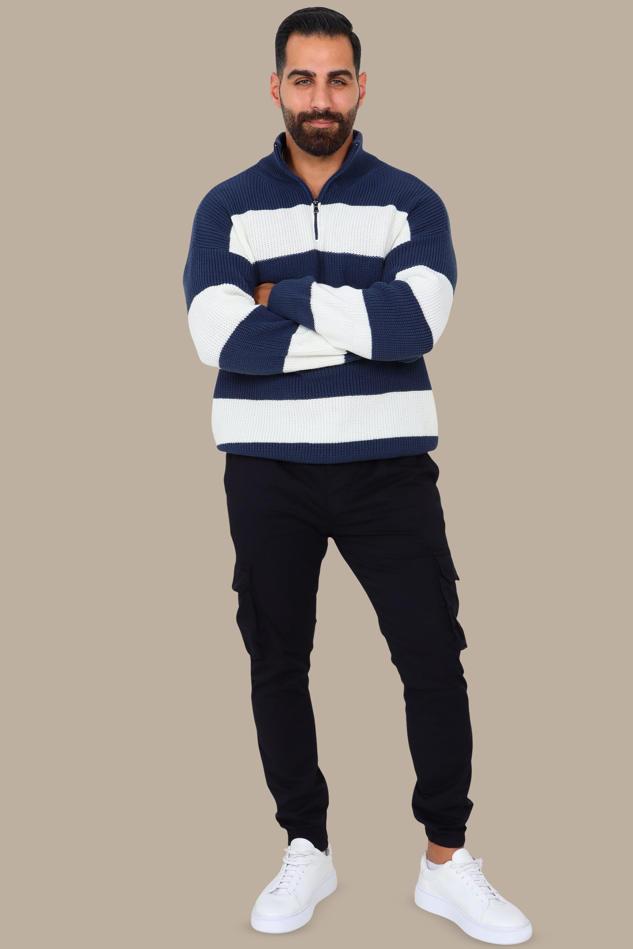 Navy Mercerized Half-Zip Striped Sweater