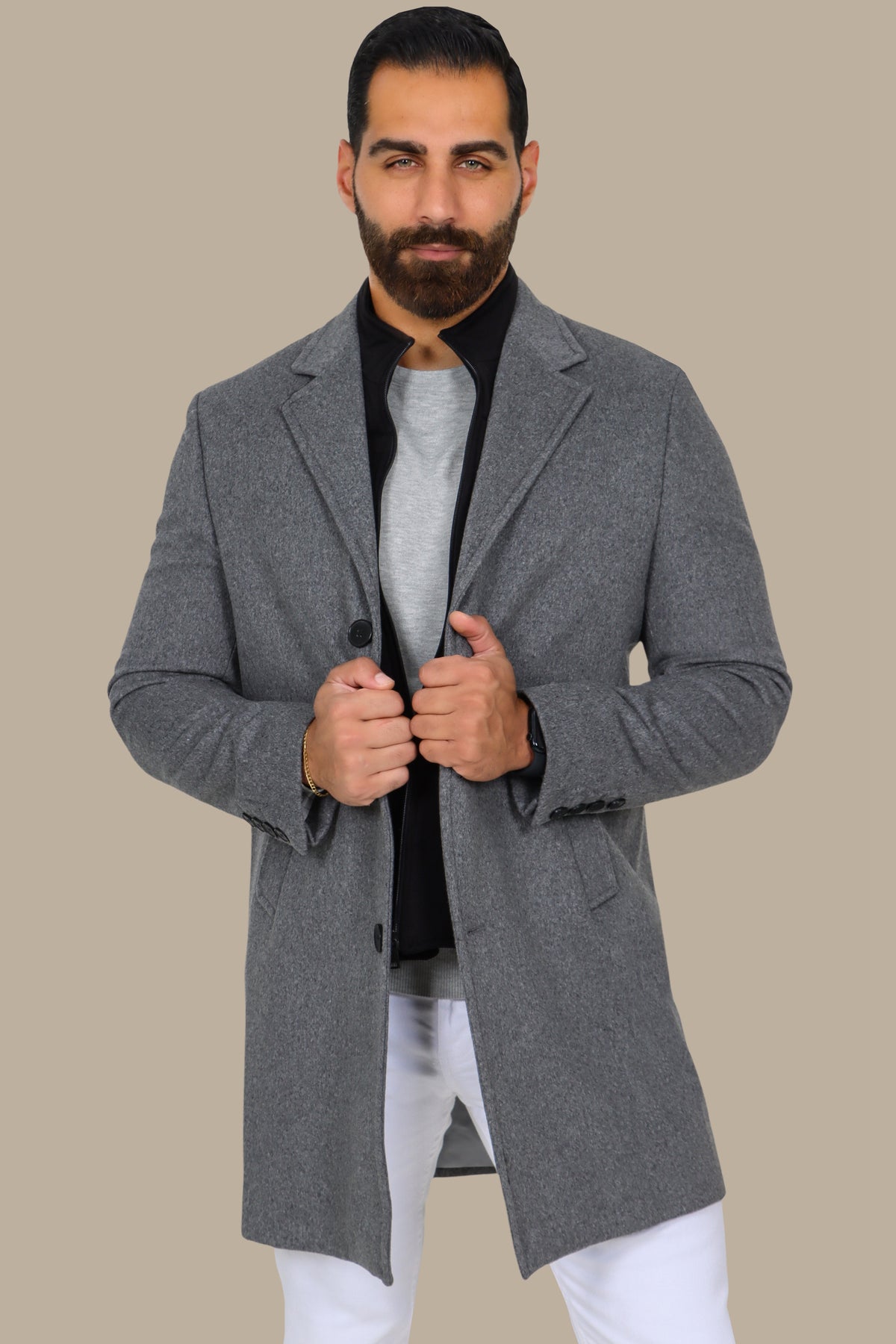 Grey Basic Coat with Detachable Collar