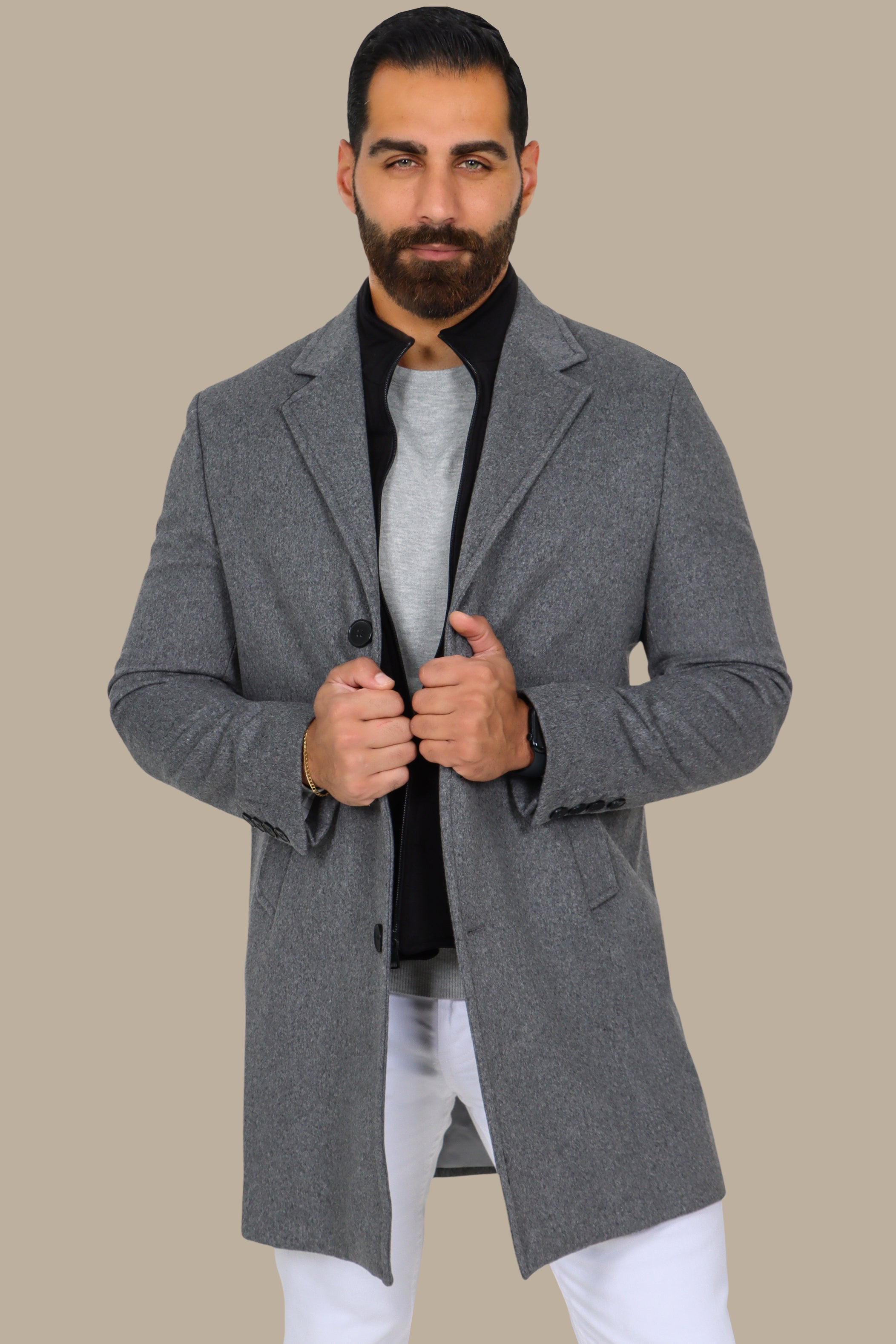Grey Basic Coat with Detachable Collar