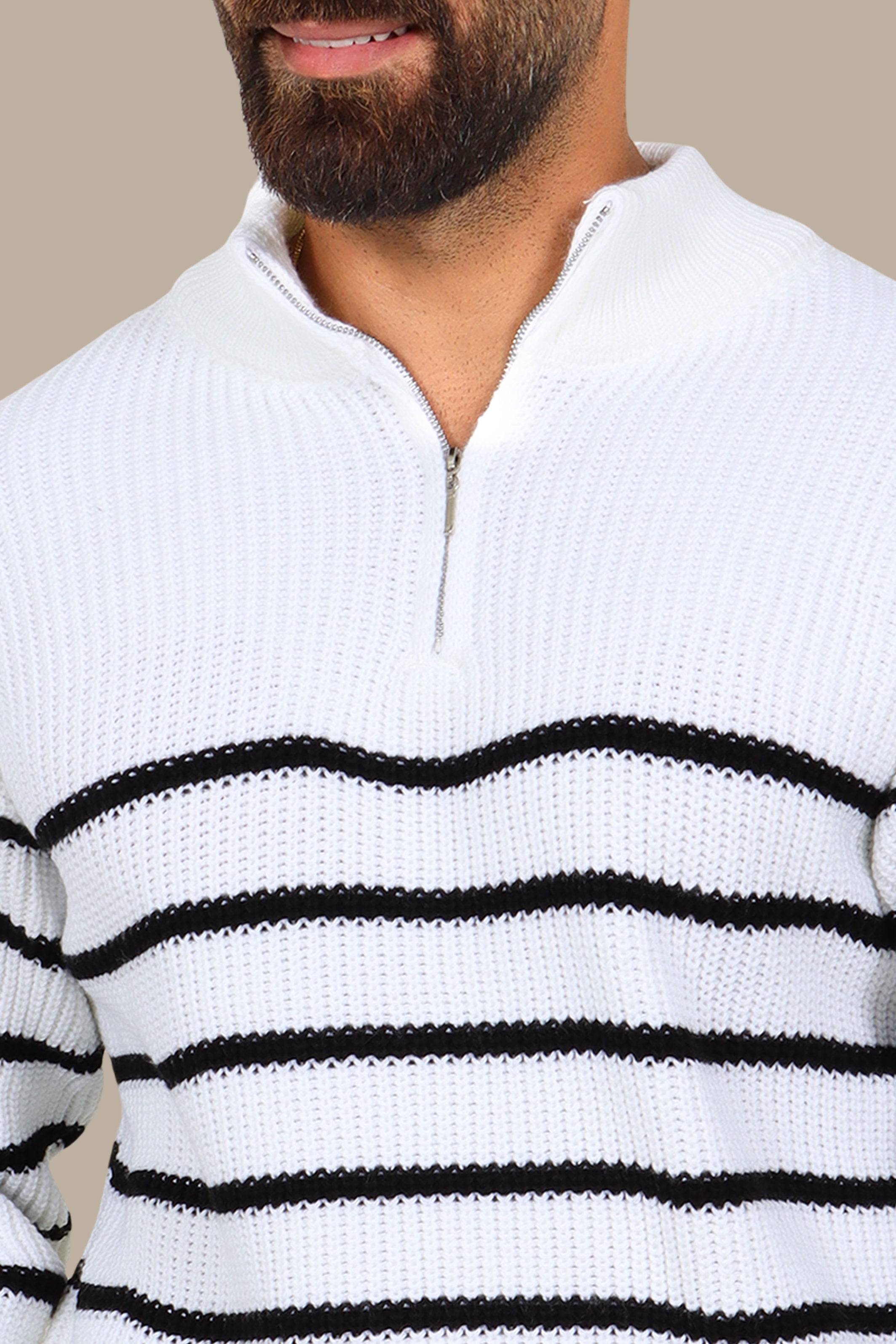 White Mercerized Half-Zip Striped Sweater