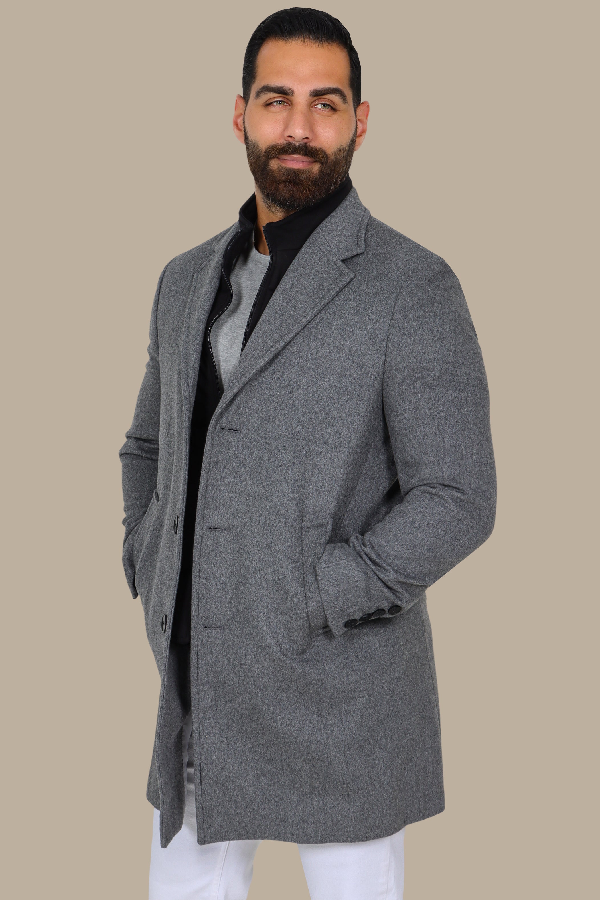 Grey Basic Coat with Detachable Collar
