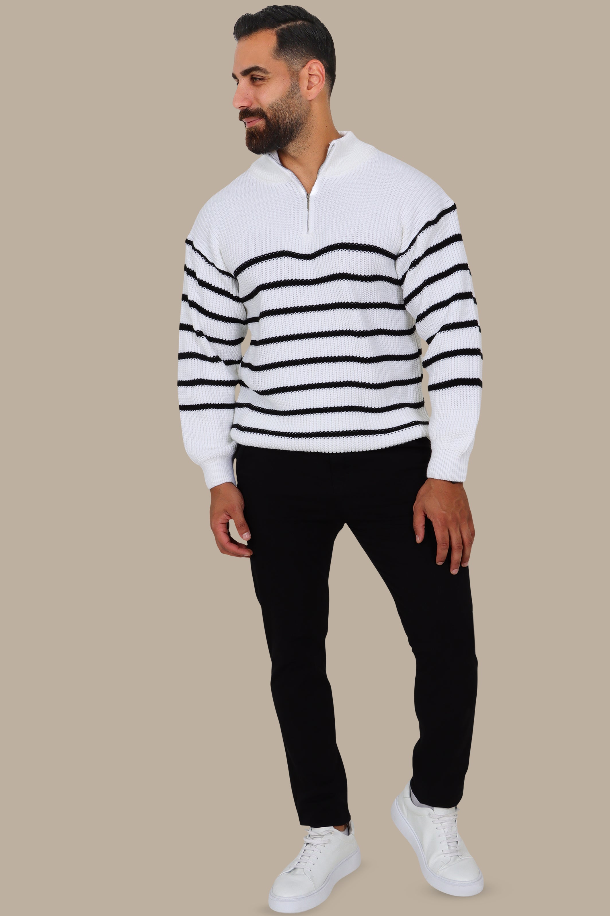 White Mercerized Half-Zip Striped Sweater