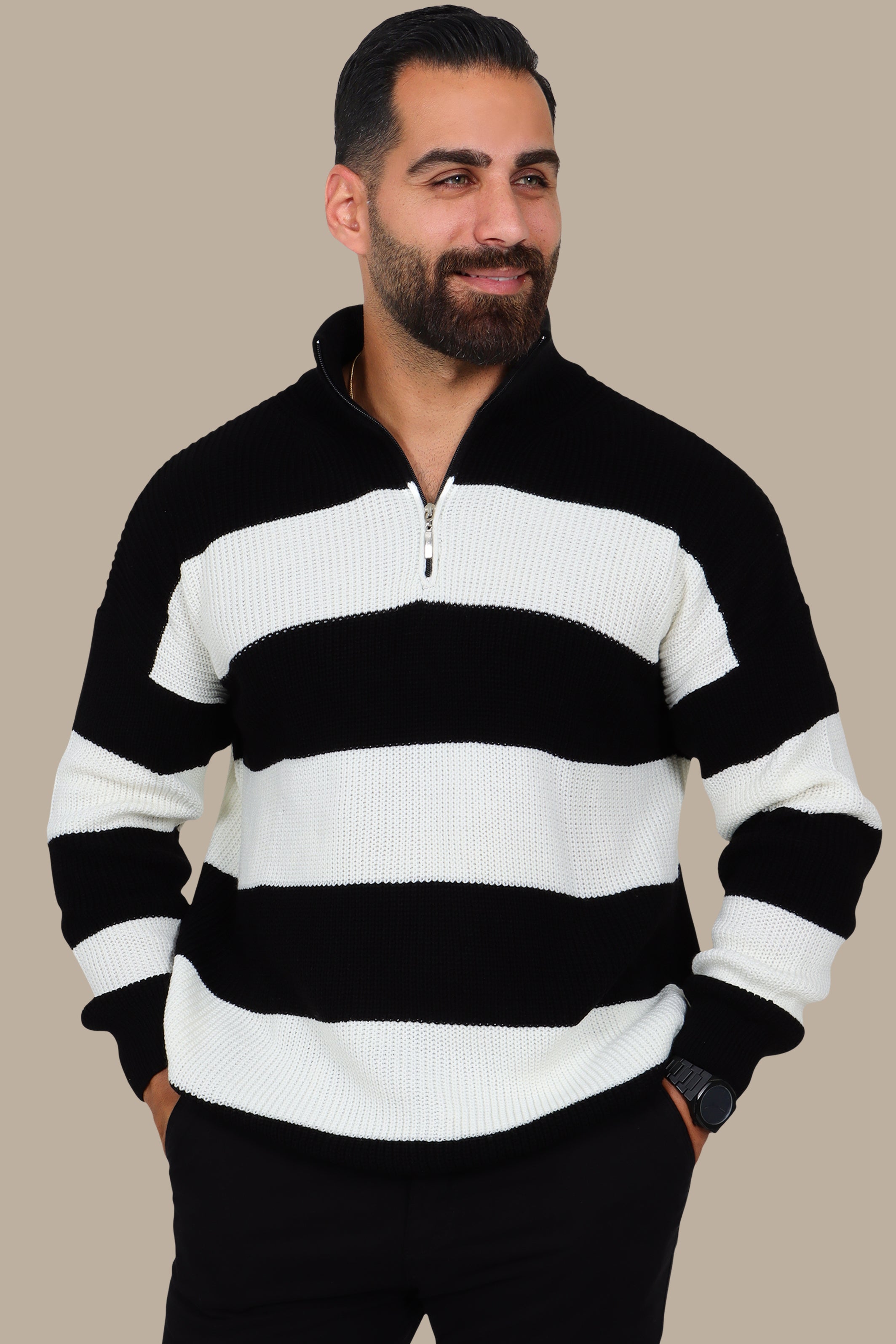Black Mercerized Half-Zip Striped Sweater
