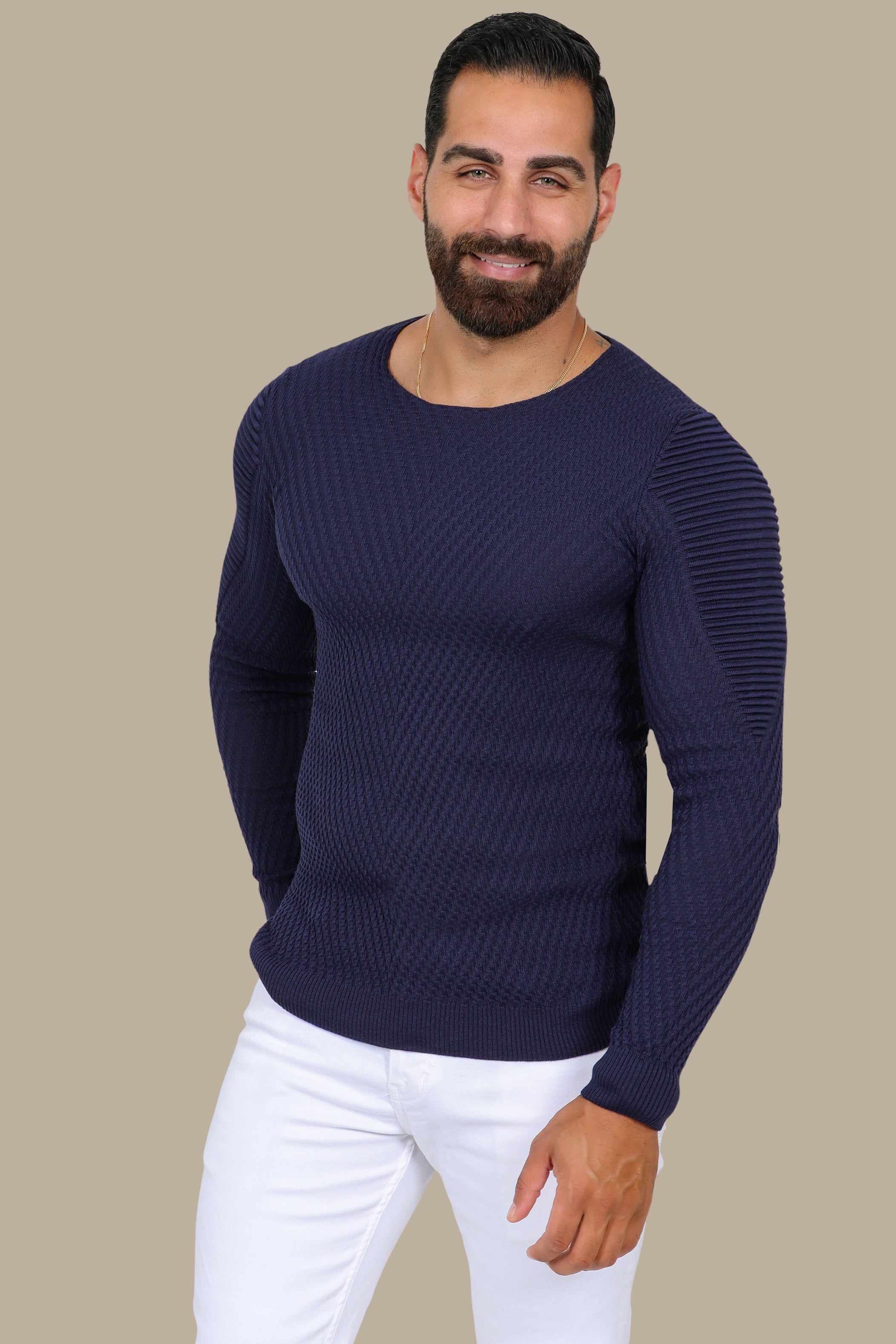 Navy Structured Ribbed Shoulder Sweater