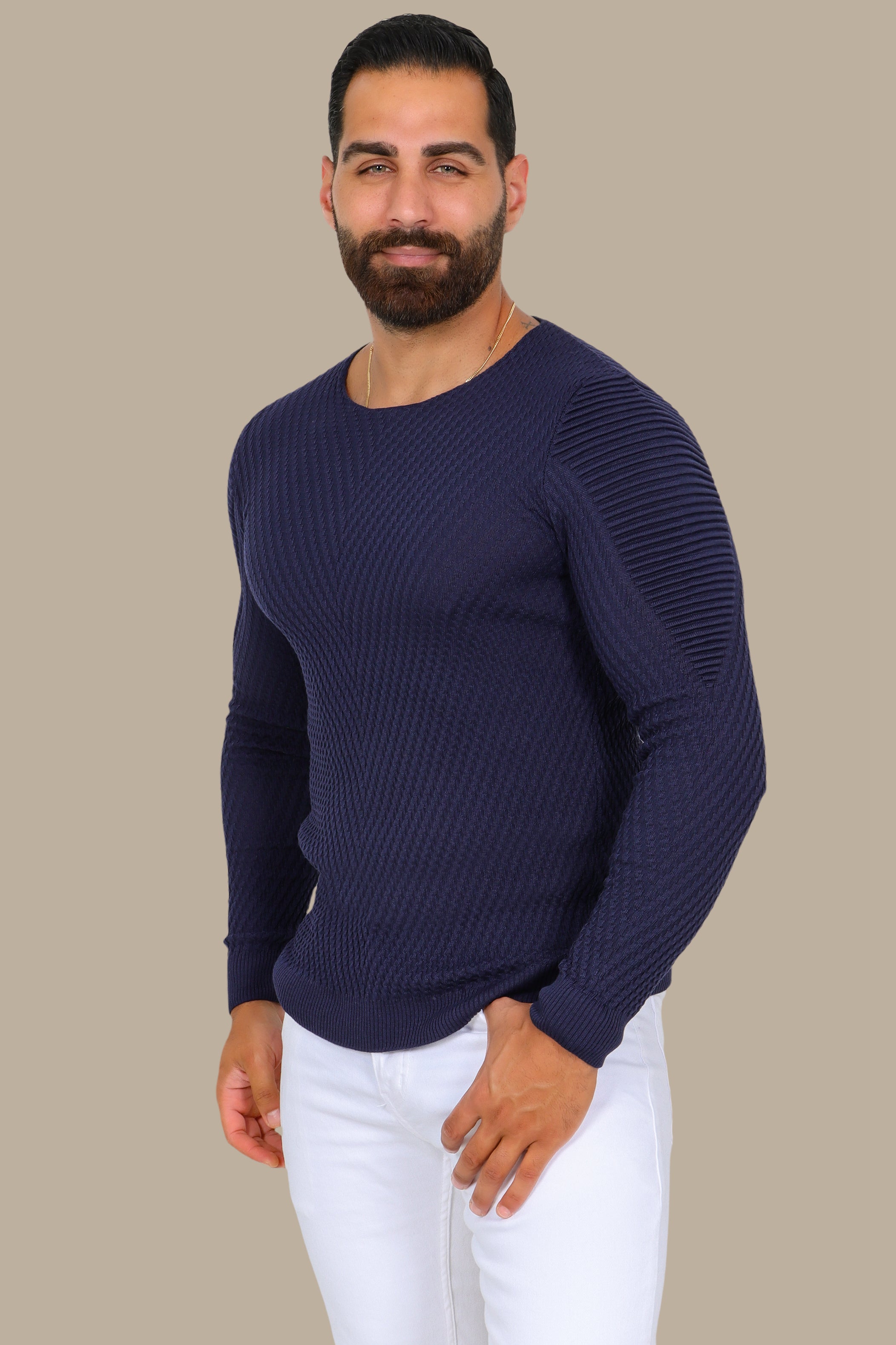 Navy Structured Ribbed Shoulder Sweater