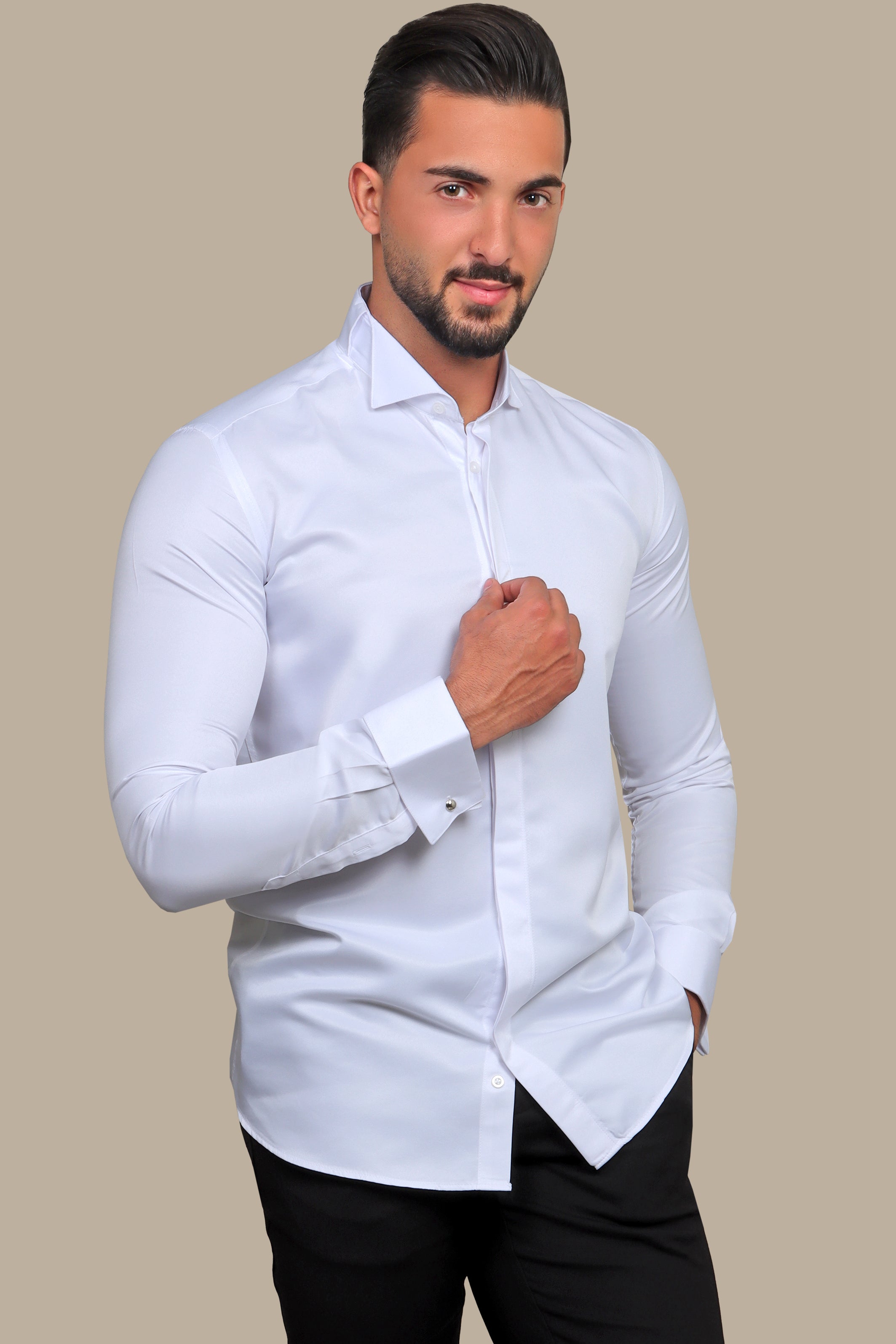 Elegant Whispers: White Tuxedo Shirt with Hidden Buttons