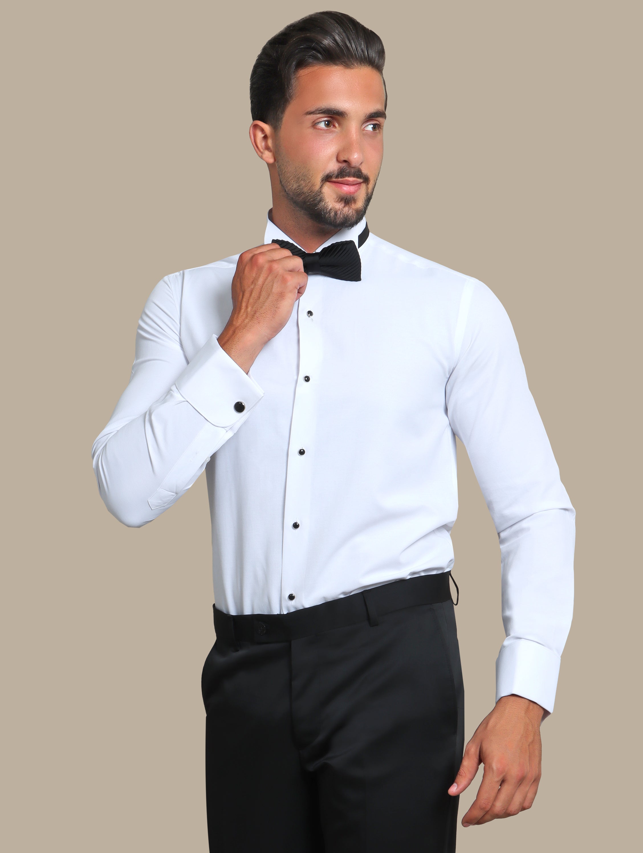 Timeless Elegance: White Tuxedo Shirt with Black Button Accents