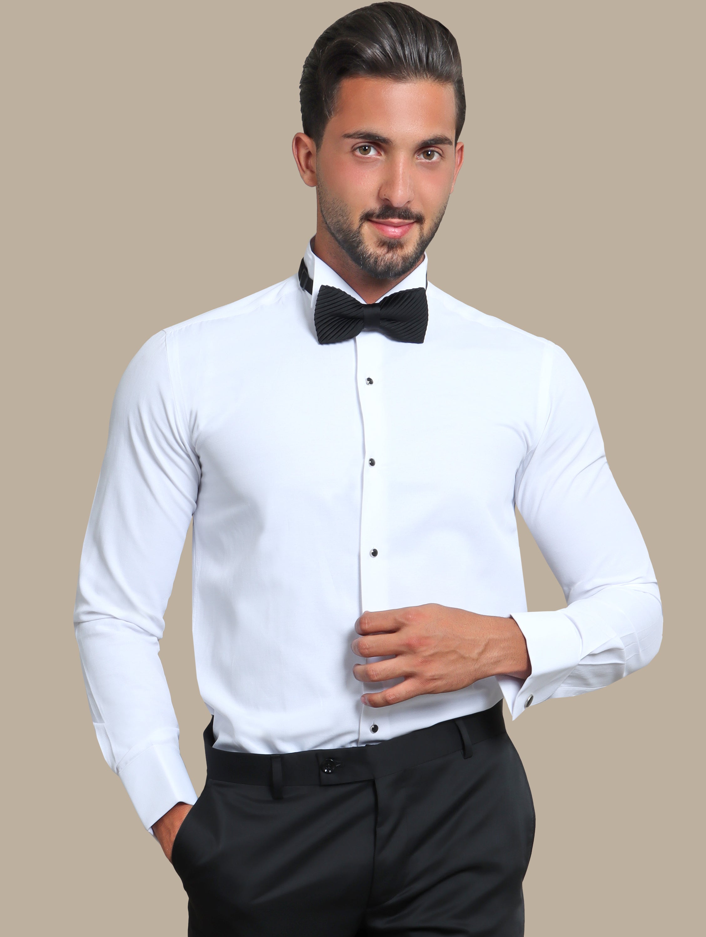 Timeless Elegance: White Tuxedo Shirt with Black Button Accents