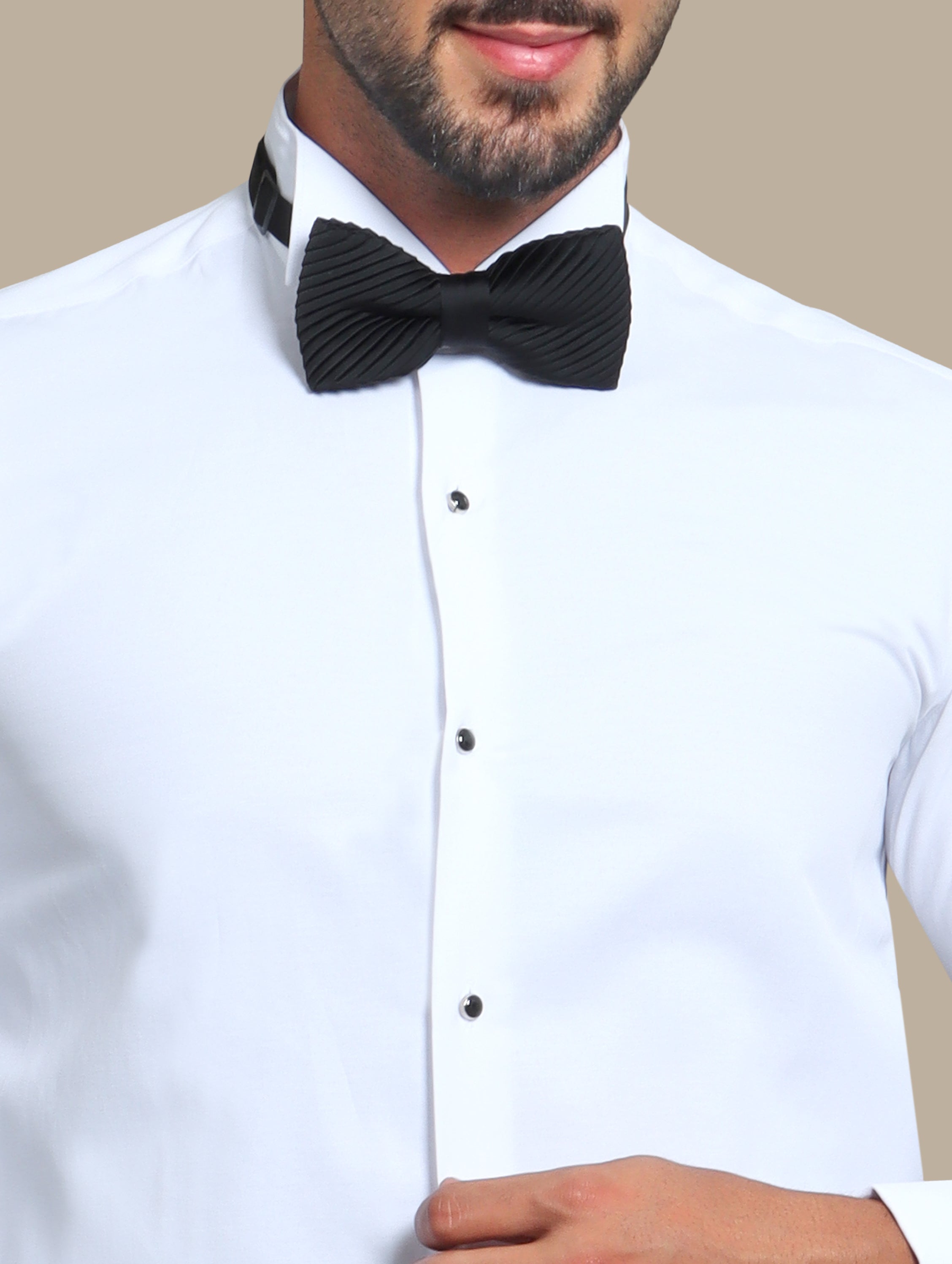 Timeless Elegance: White Tuxedo Shirt with Black Button Accents