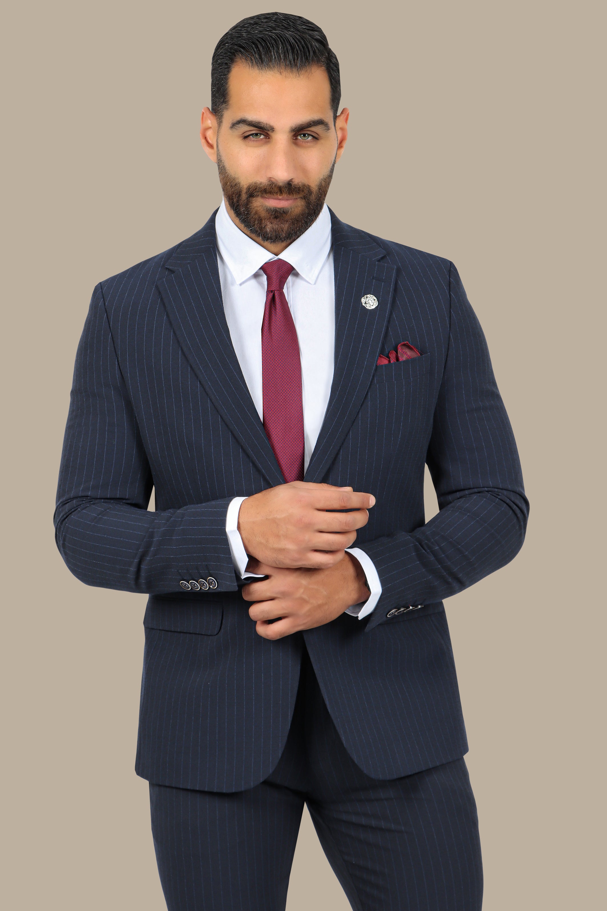 Travel Suit 2-Piece Navy Lycra Pin Stripes