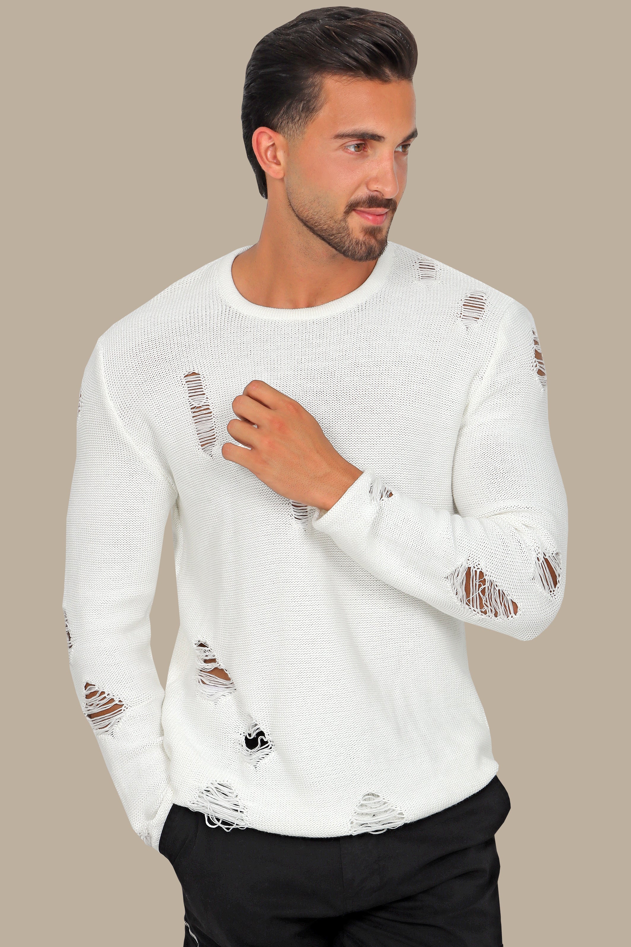 White Destroyed R-Neck Sweater