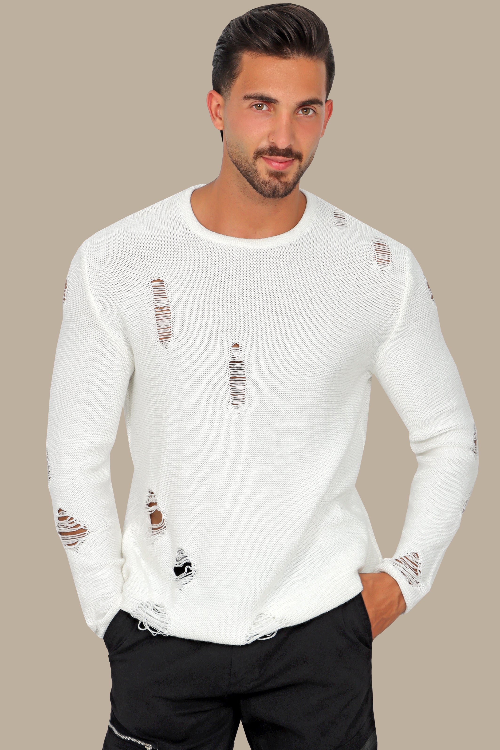 White Destroyed R-Neck Sweater