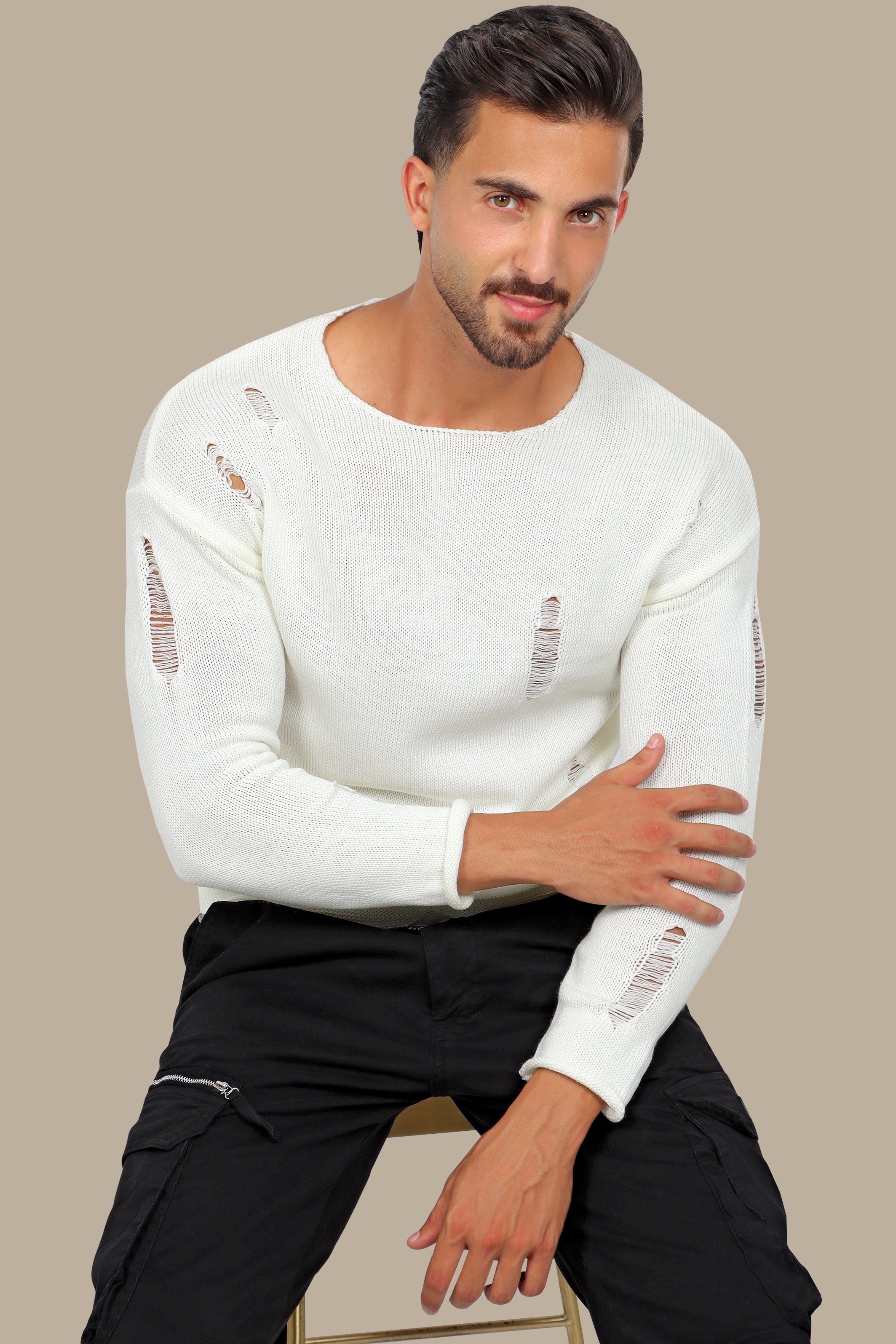 White Destroyed R-Neck Sweater