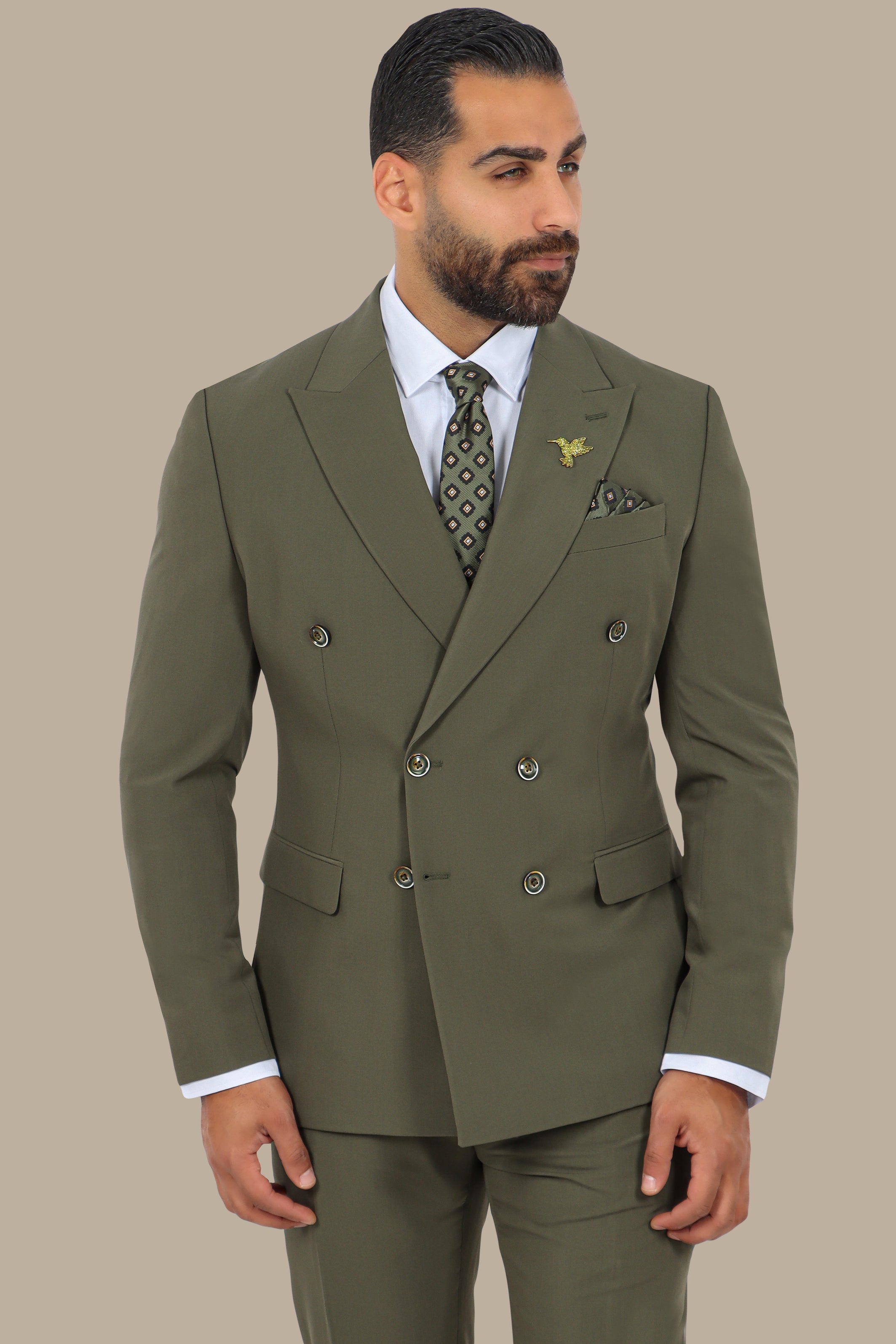 Double-Breasted Olive Suit with Peak Lapel