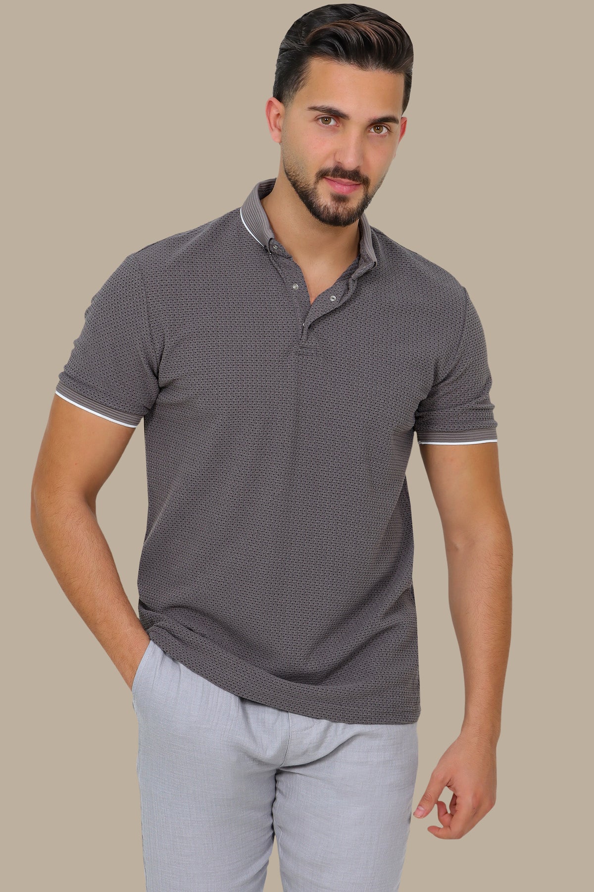 Grey Breathable Fabric Short Sleeve Polo with Button Down