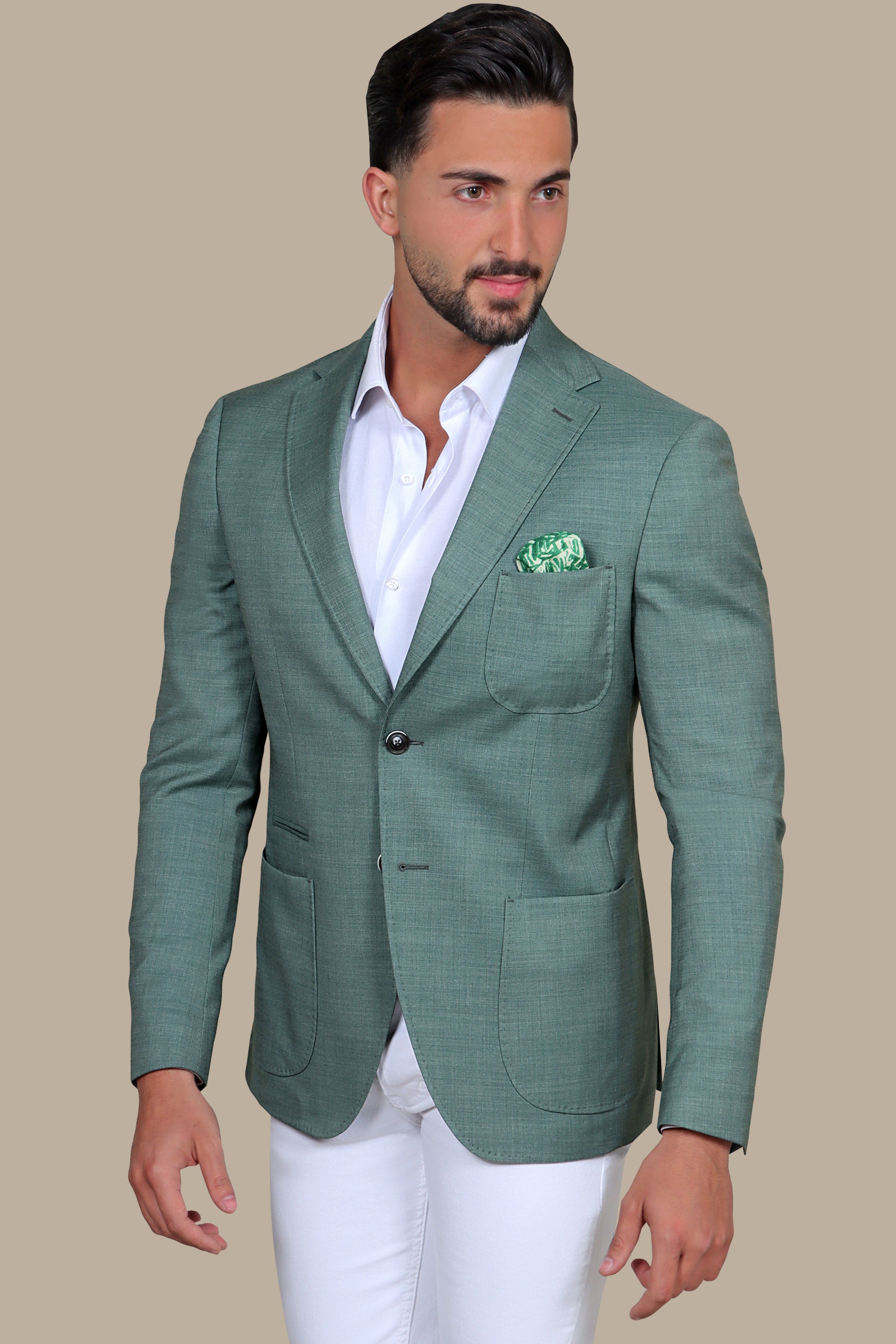 Green Slim Fit Blazer with Notch Lapel