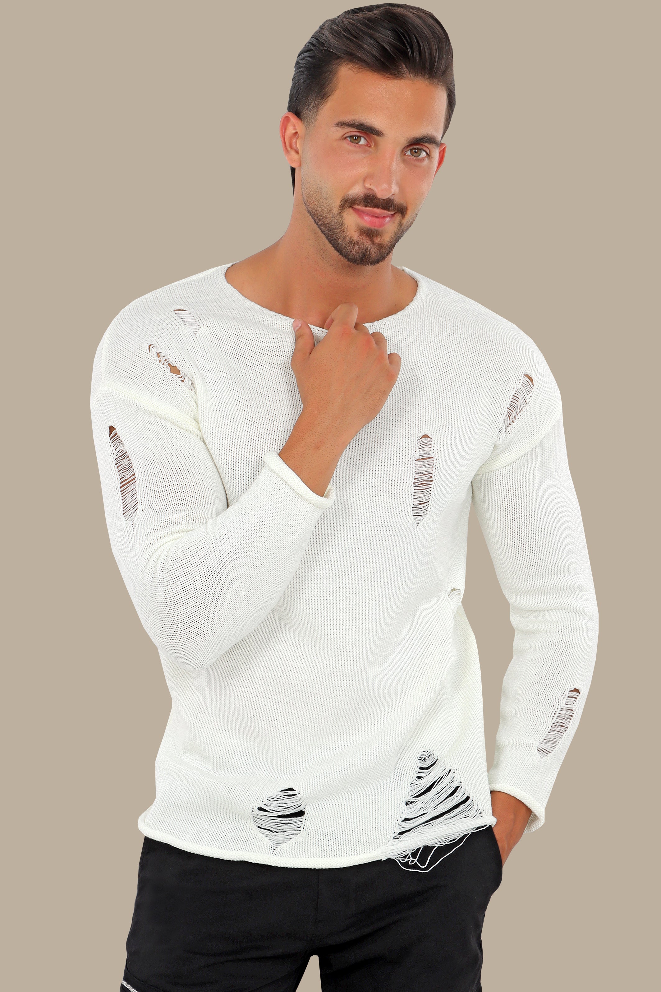 White Destroyed R-Neck Sweater