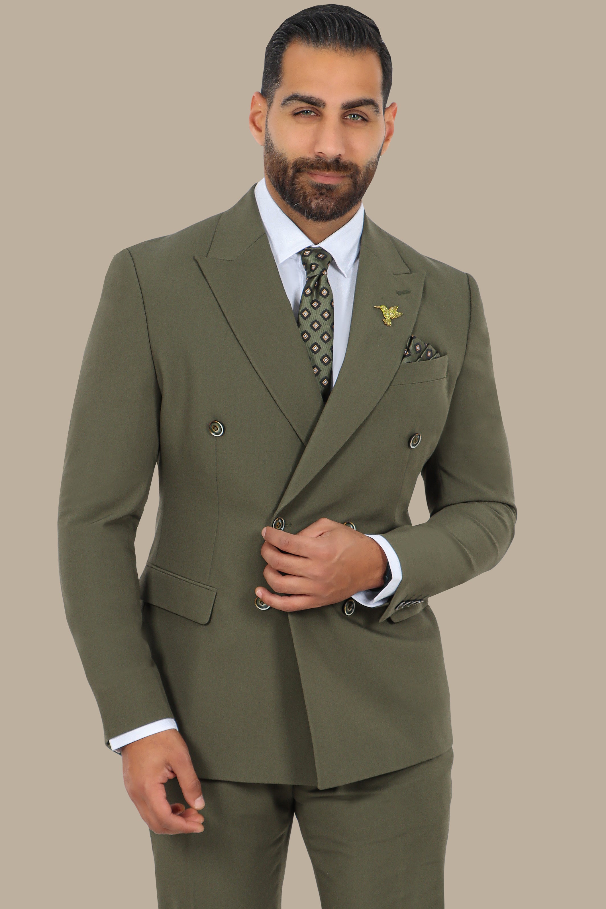 Double-Breasted Olive Suit with Peak Lapel