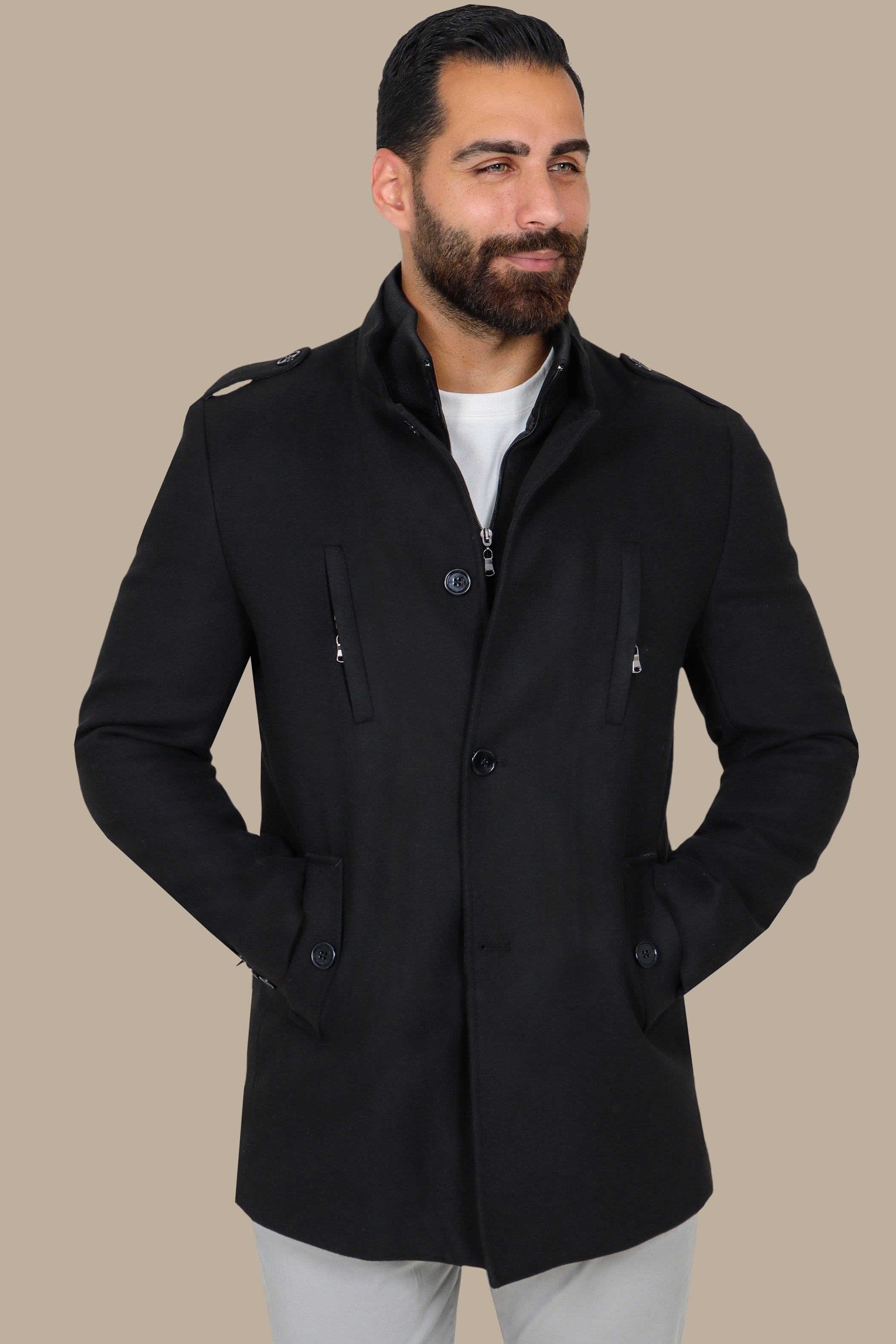 Black Coat with Detachable Mao Collar