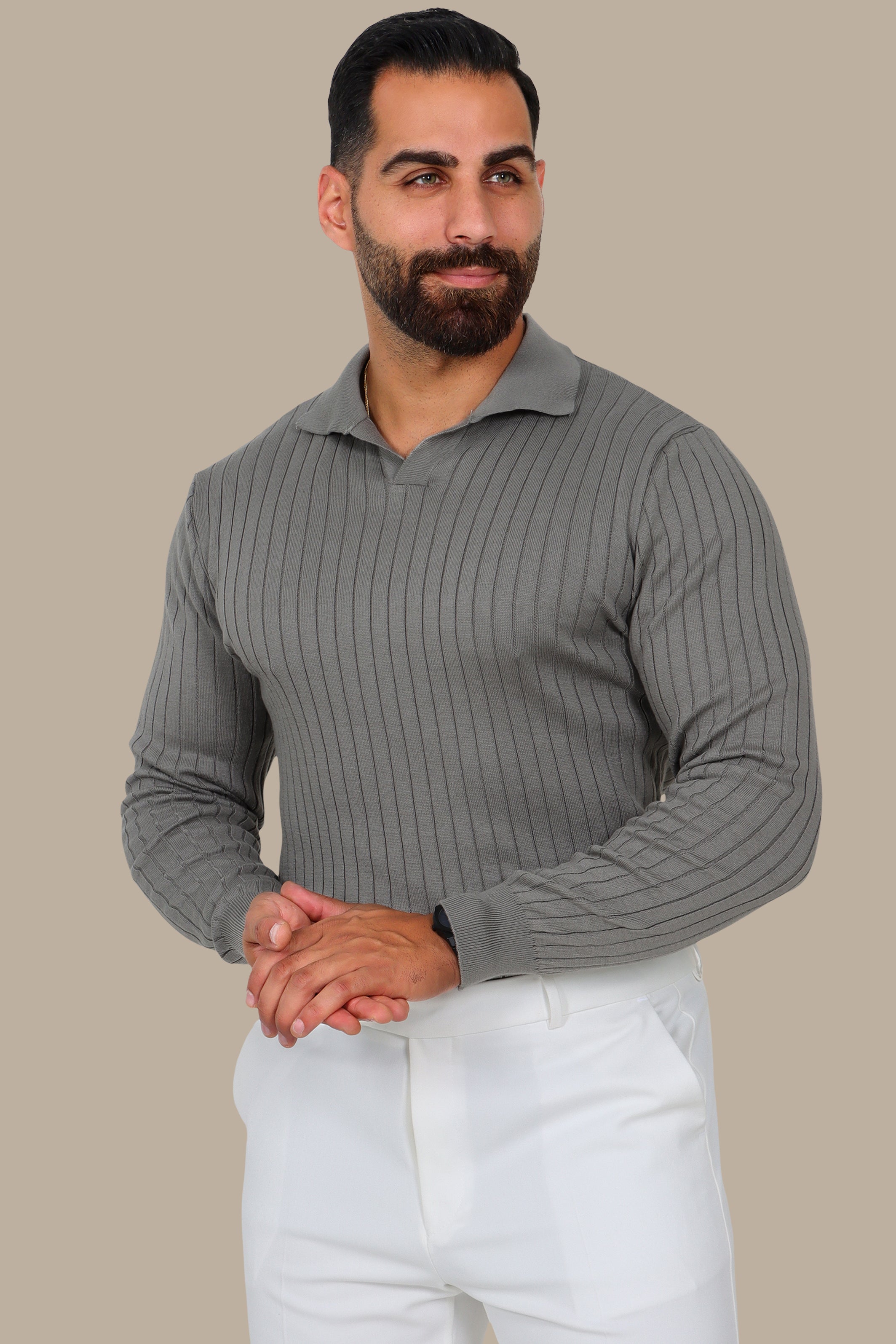 Basic Long-Sleeve Polo with Vertical Lines Olive