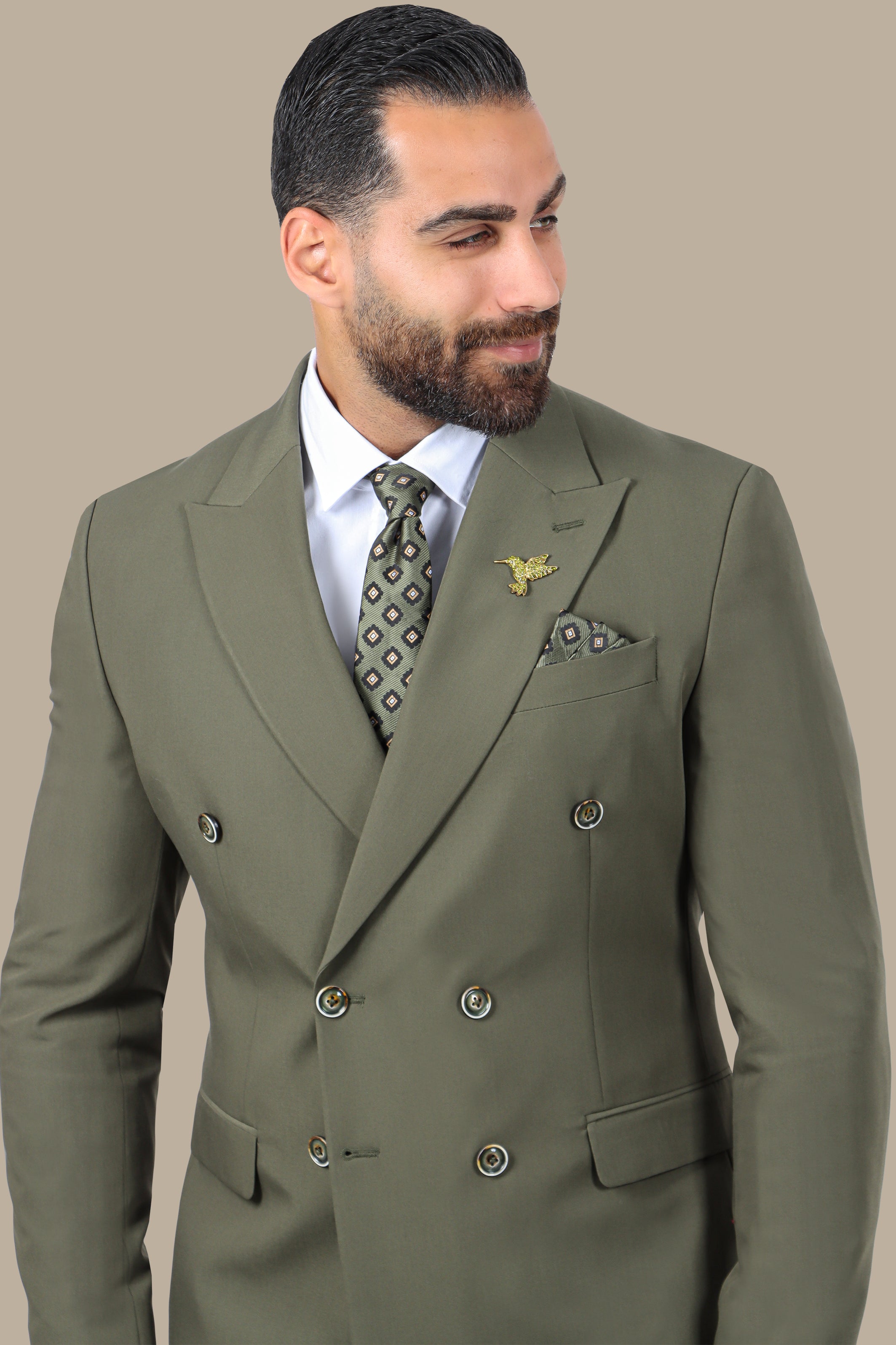 Double-Breasted Olive Suit with Peak Lapel