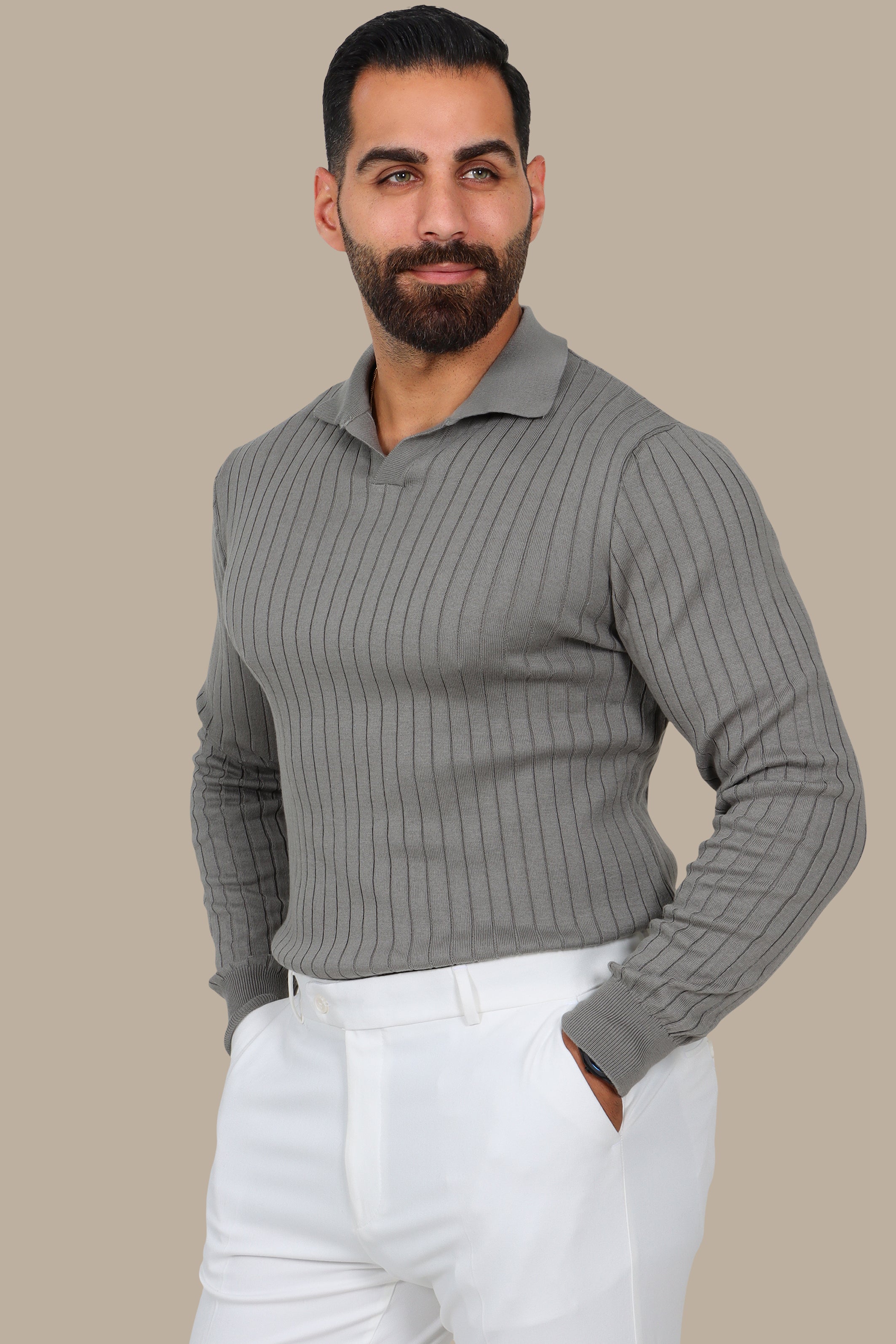 Basic Long-Sleeve Polo with Vertical Lines Olive