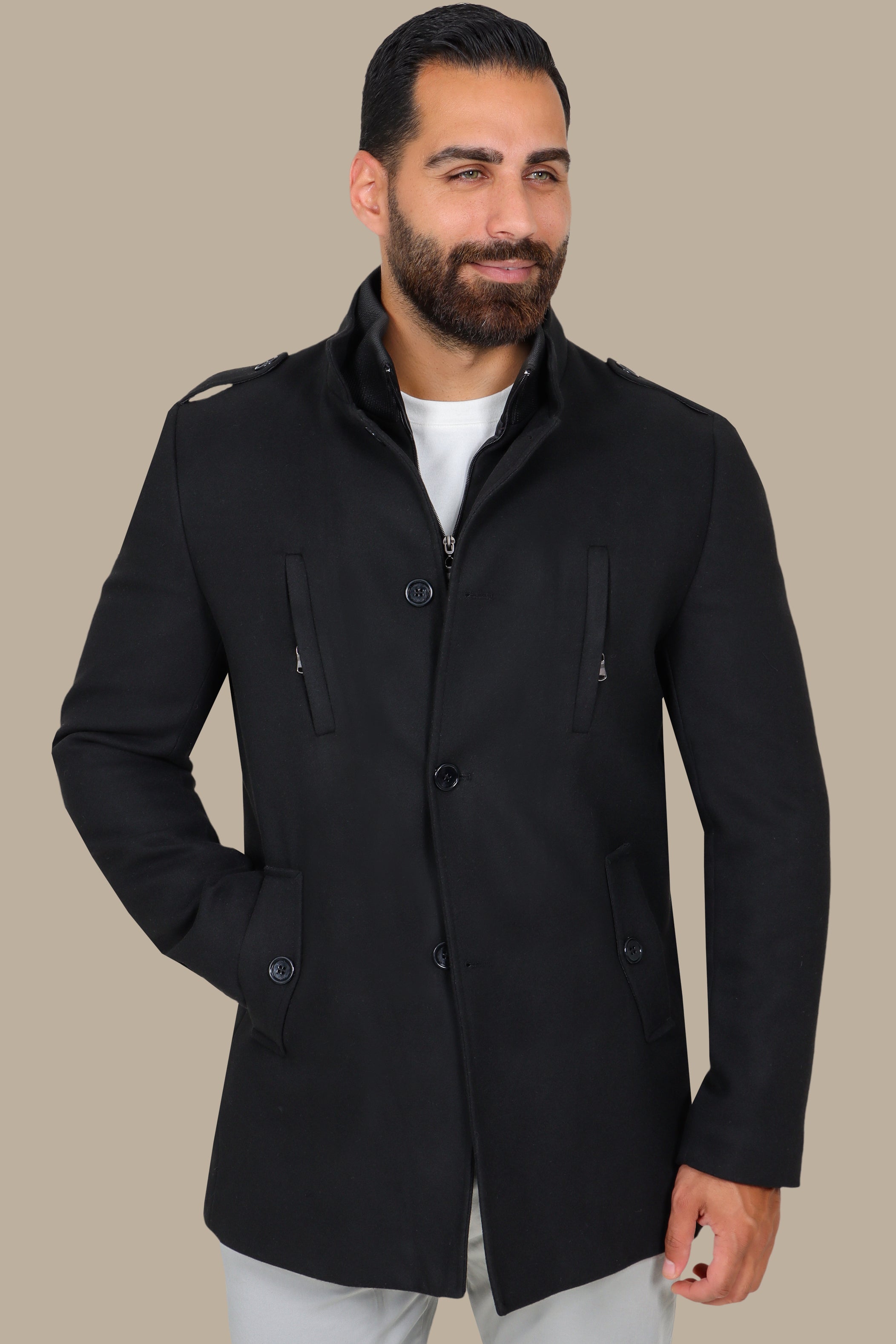 Black Coat with Detachable Mao Collar