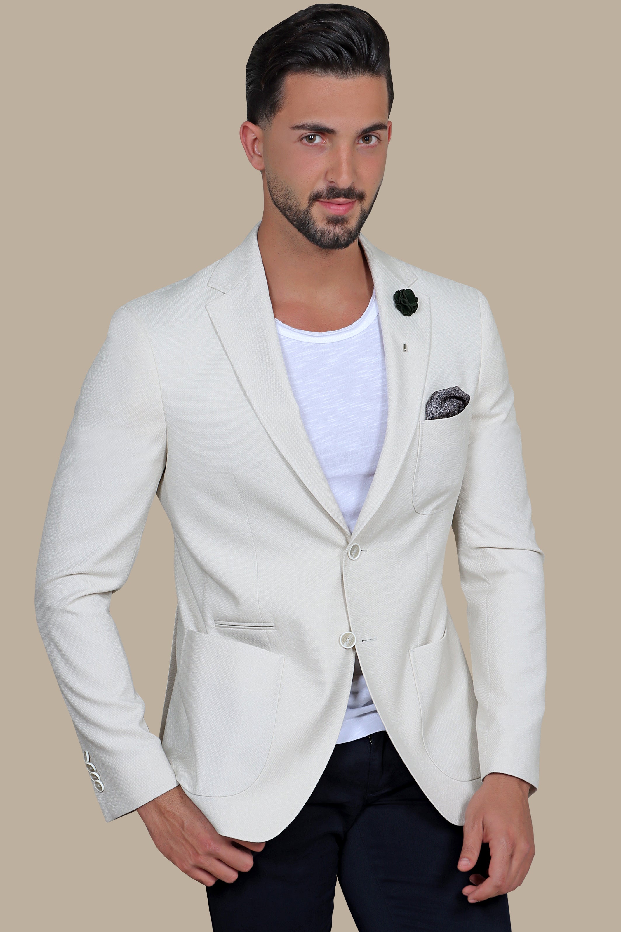 Beige Slim Fit Blazer with Up & Down Notch Patch