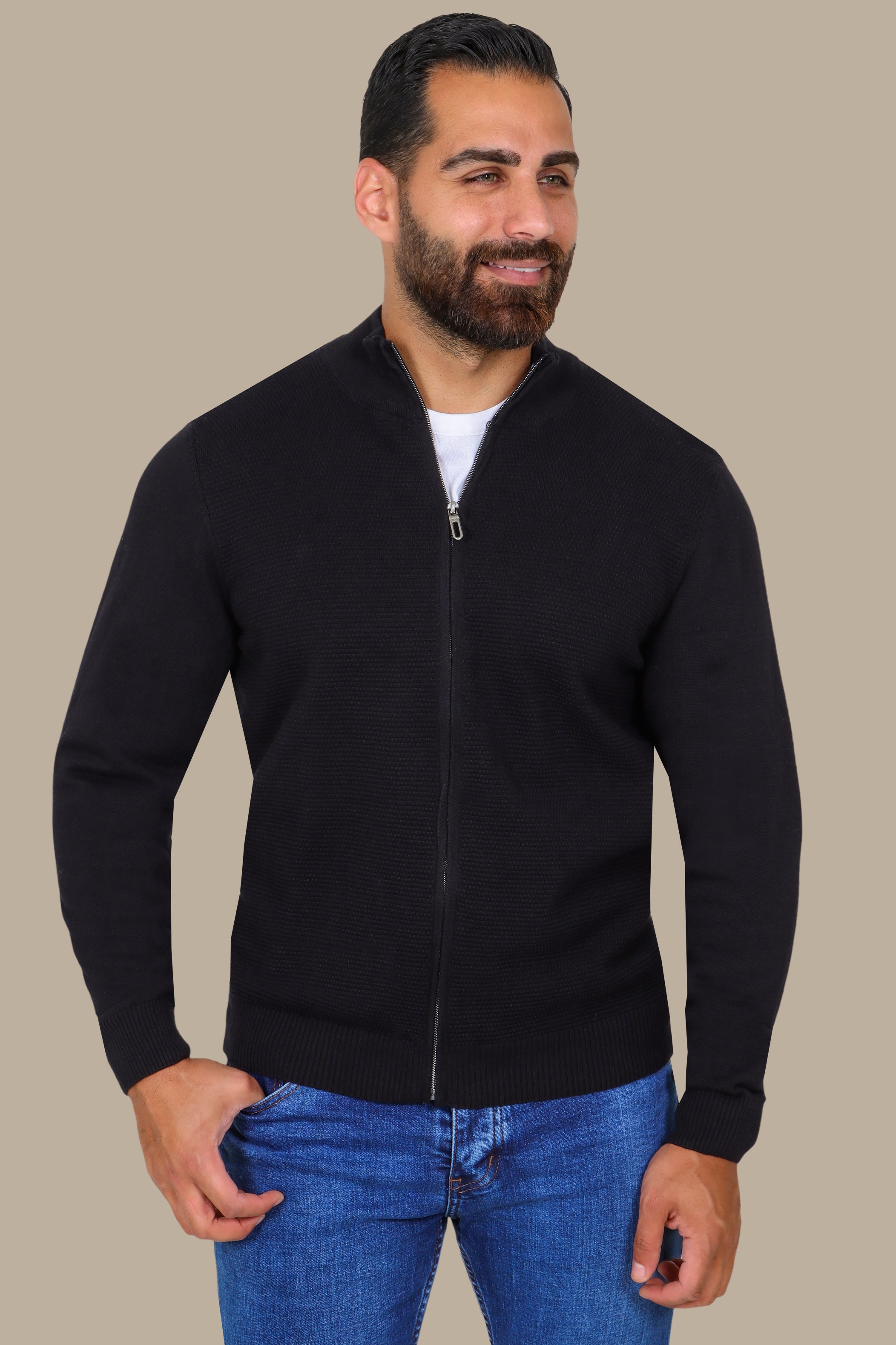 Black Full-Zip Cardigan with Bee Print