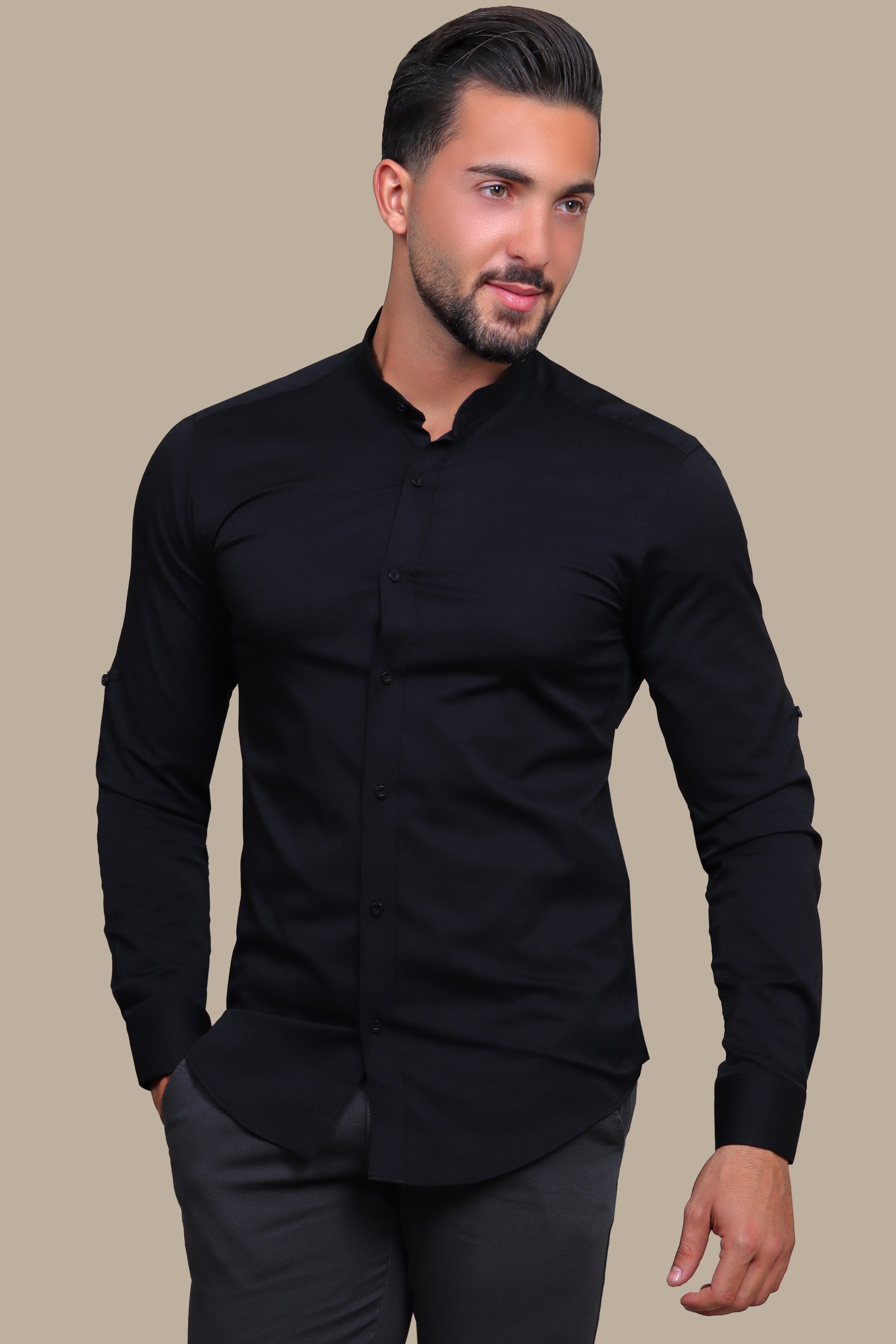 Urban Chic: Black Lycra Mao Collar Casual Shirt