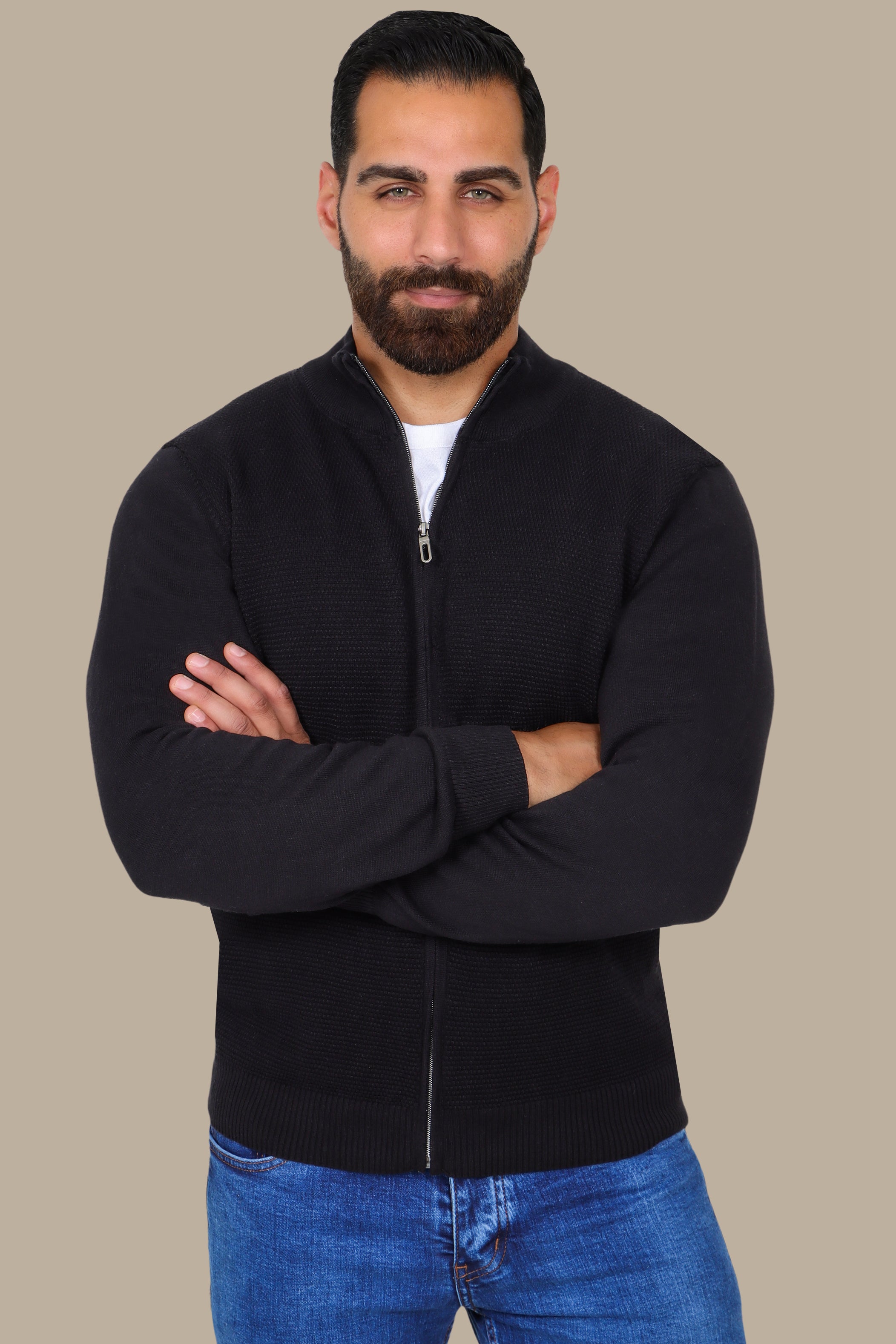 Black Full-Zip Cardigan with Bee Print